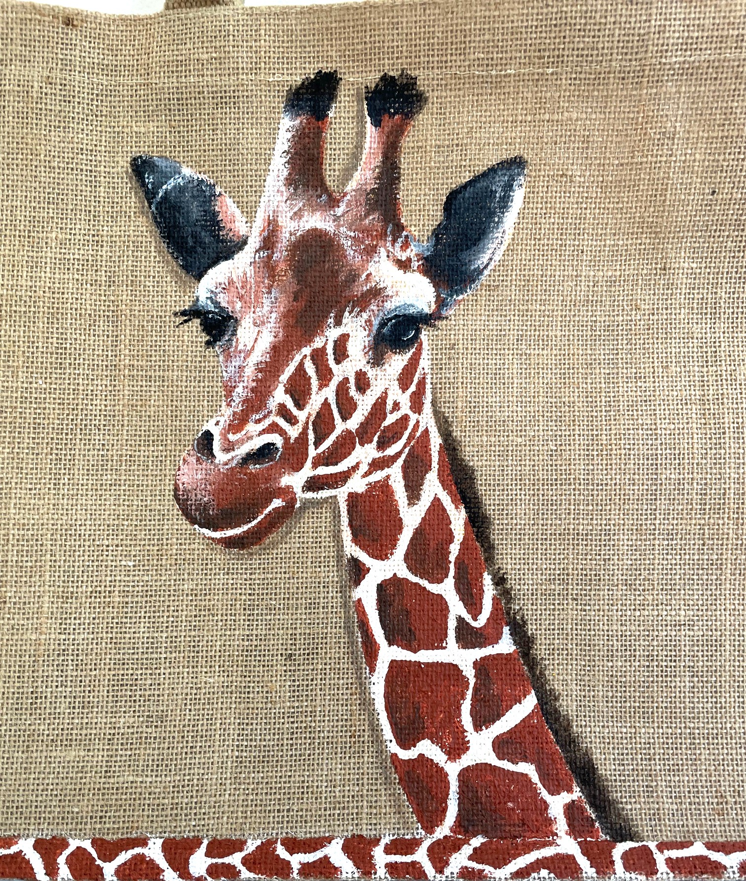 sac en jute XL avec une girafe peinte à la main par Elles et No.