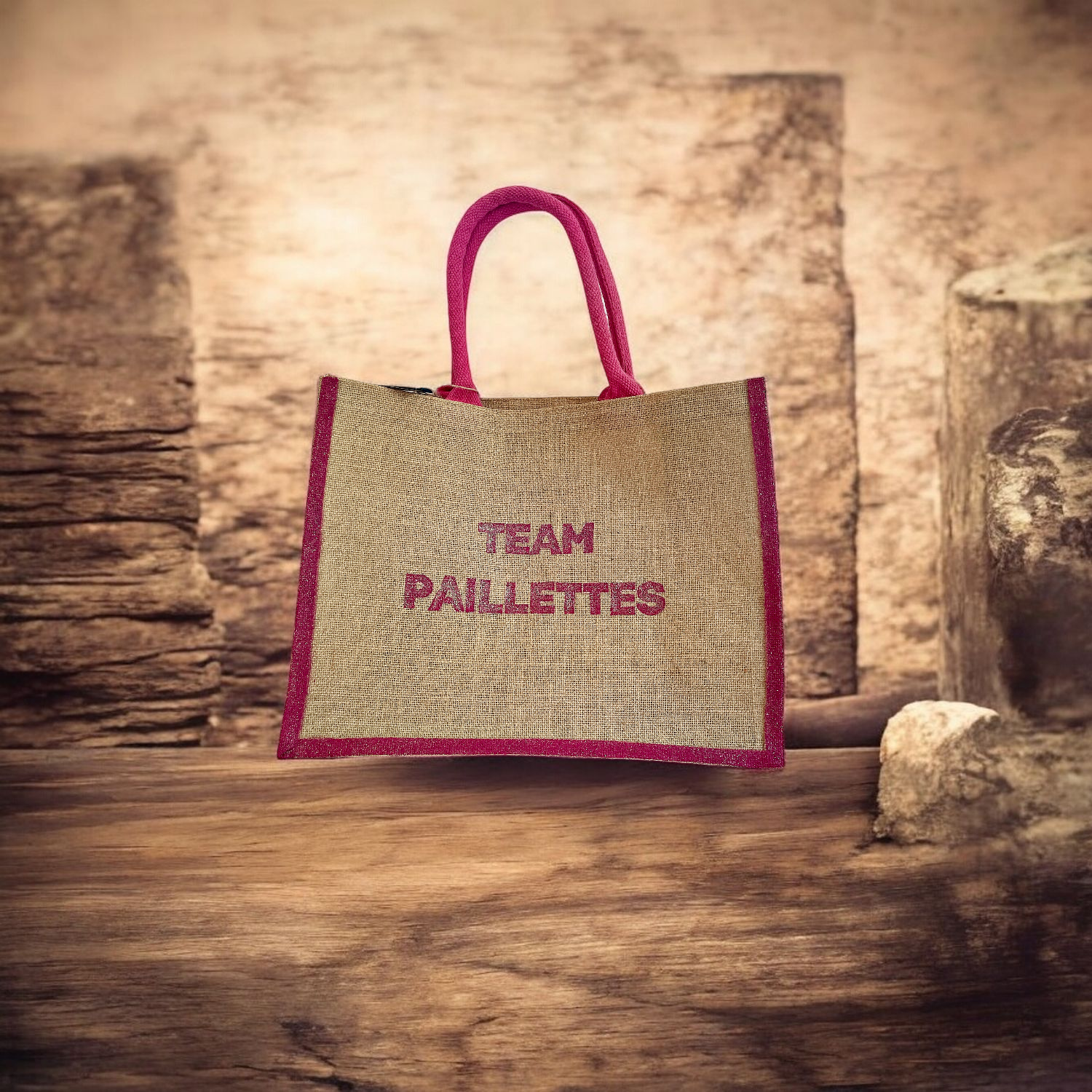 Sac en jute avec le message "team paillettes" peint à la main à la couleur pailletée par Elles et No.