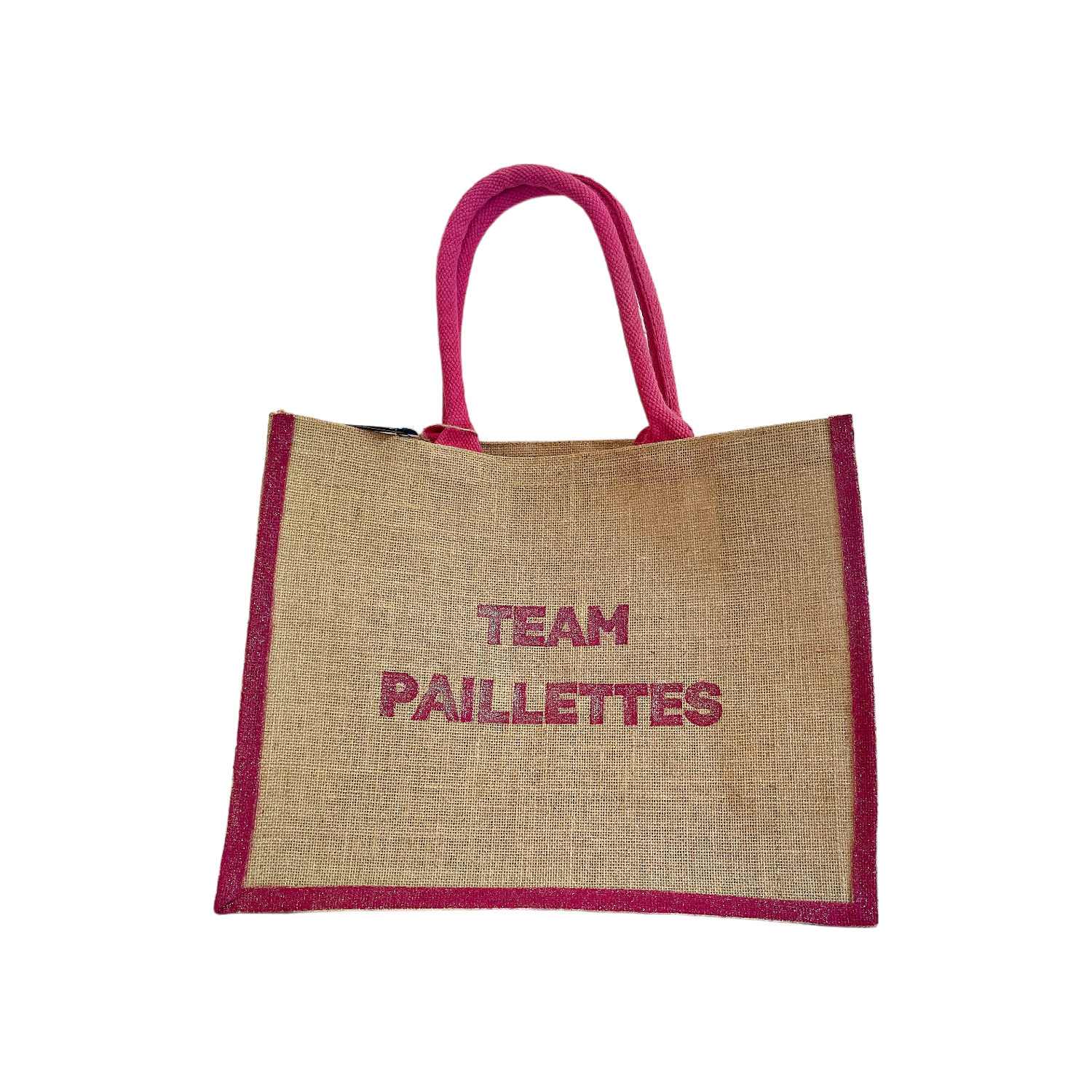 Sac en jute avec le message "team paillettes" peint à la main à la couleur pailletée par Elles et No.