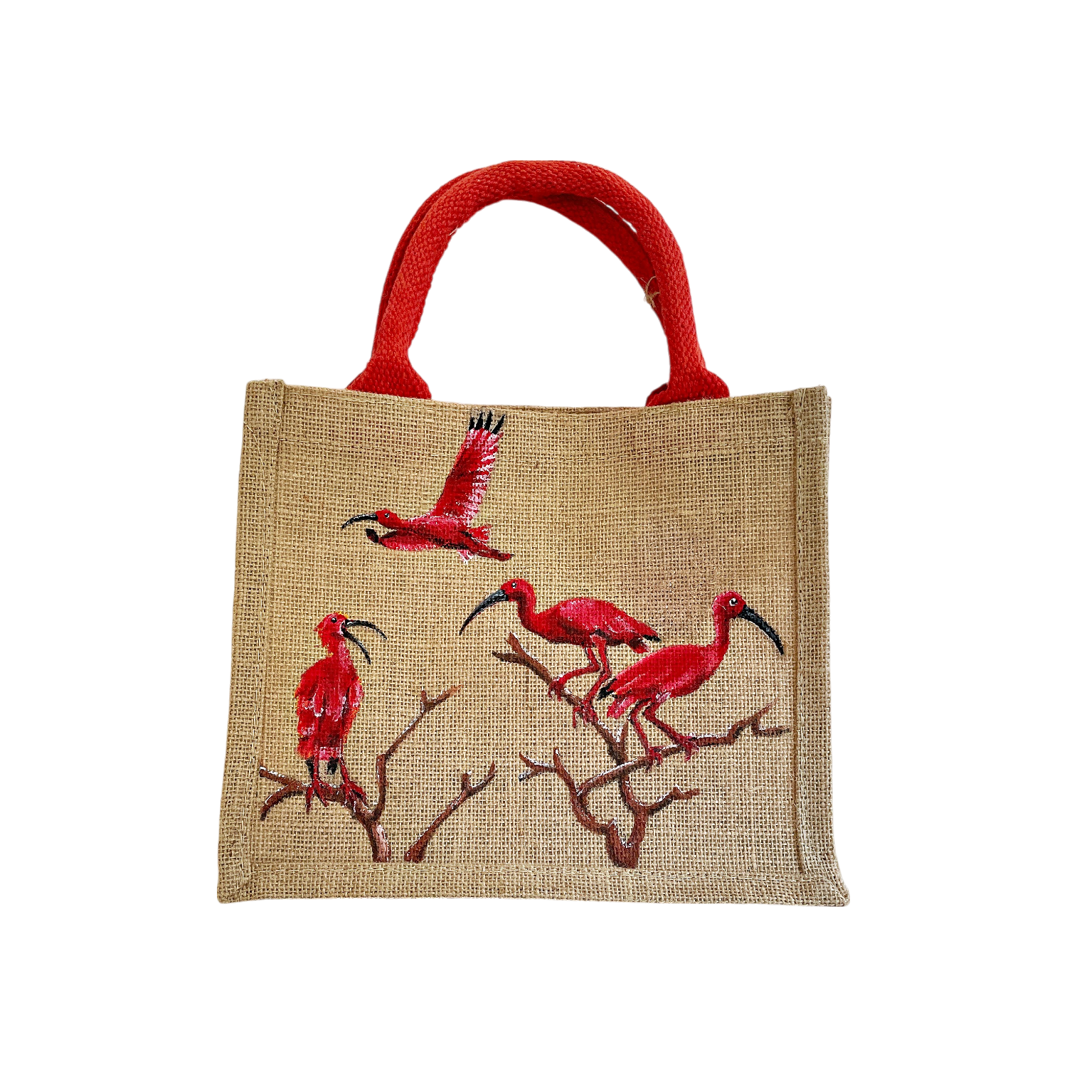 Sac en jute à anses rouge avec des ibis rouges peints à la main par Elles et No.