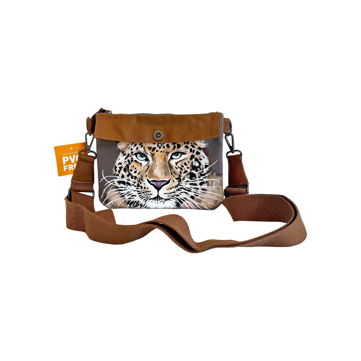 petit sac à bandoulière en coton enduit avec une tête de léopard peinte à la main par Elles et No.