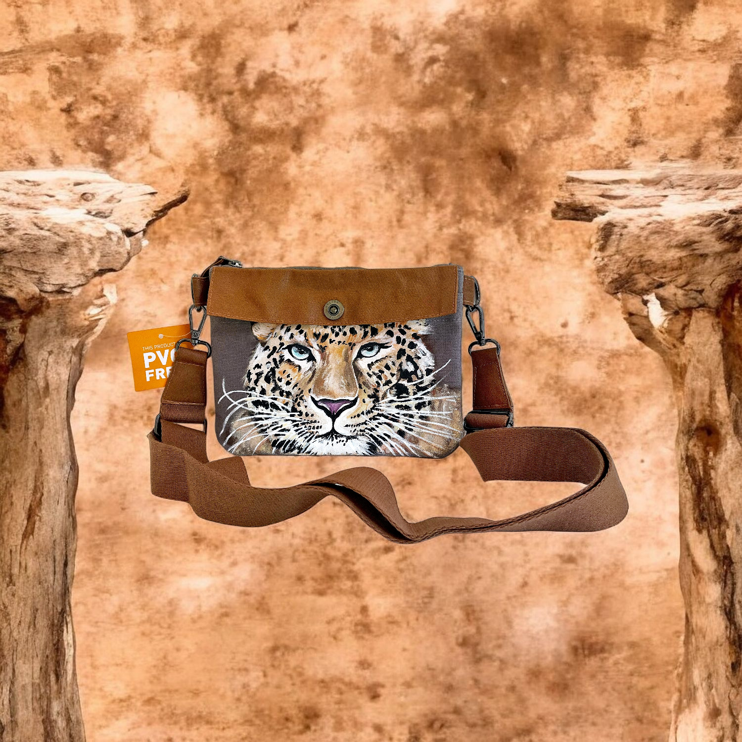 ppetit sac à bandoulière en coton enduit avec une tête de léopard peinte à la main par Elles et No.
