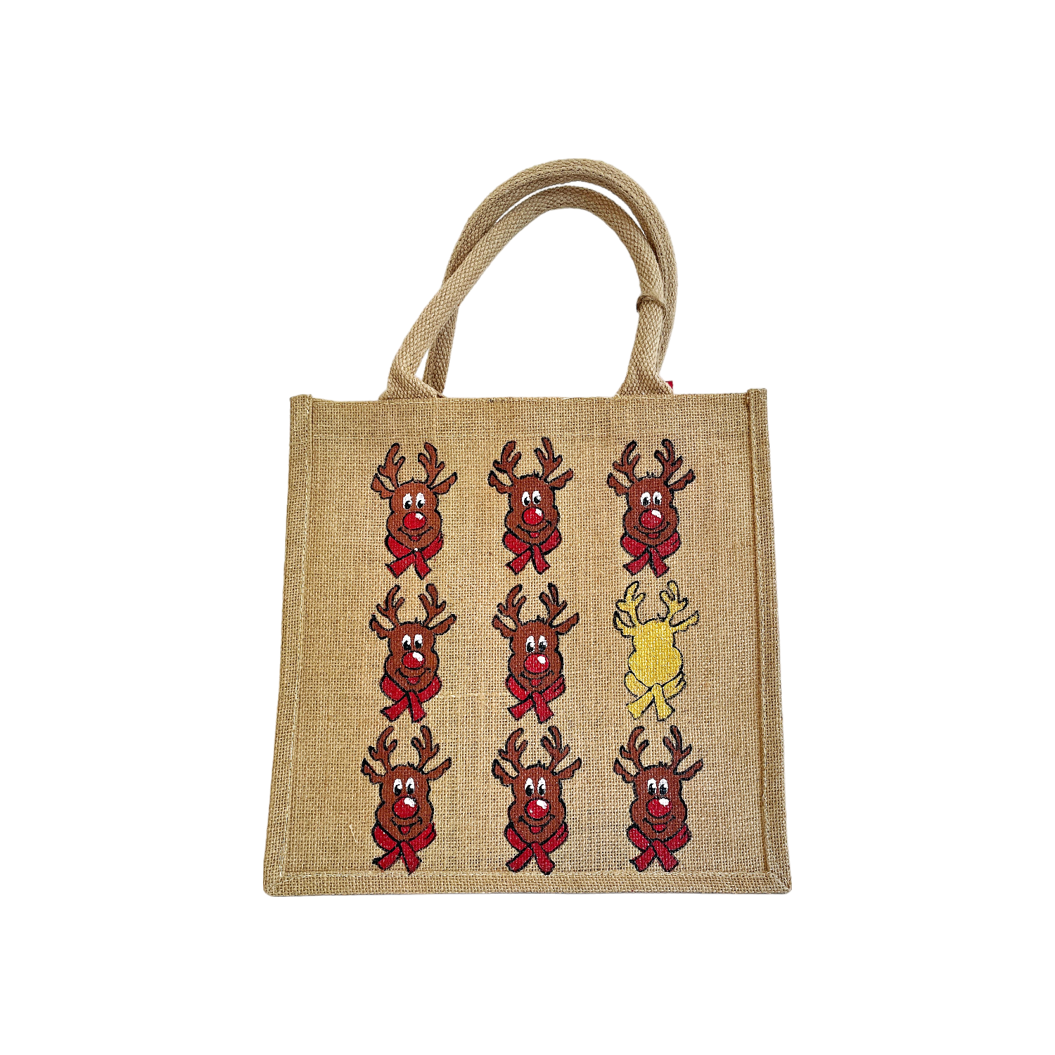 Sac medium en jute avec têtes de rennes de Noël style cartoon peintes à la main