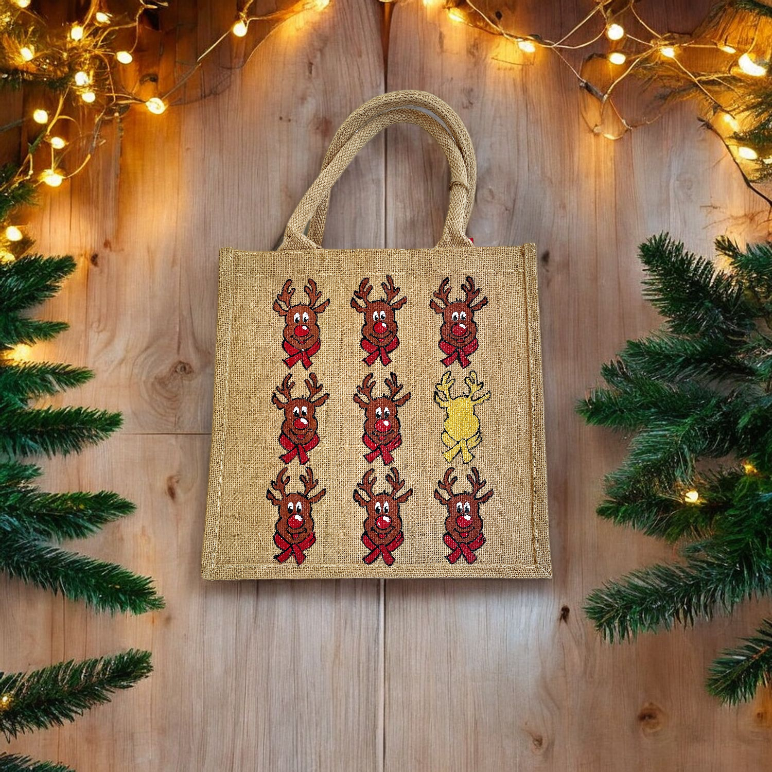 Sac medium en jute avec têtes de rennes de Noël style cartoon peintes à la main