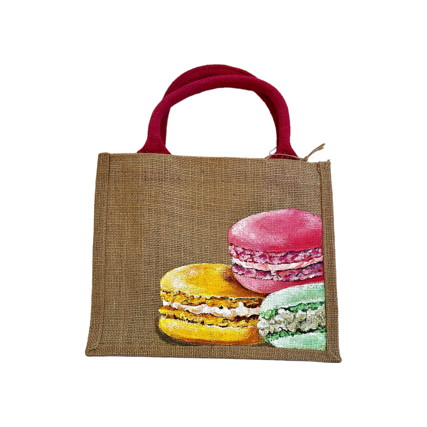 sac en jute avec macarons en gros plan peints à la main par Elles et No..