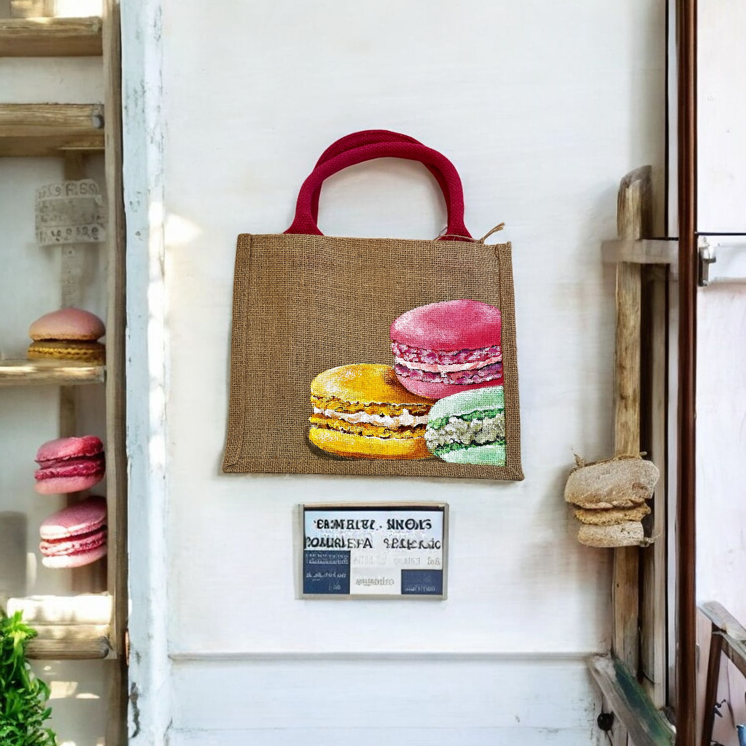 sac en jute avec macarons en gros plan peints à la main par Elles et No..