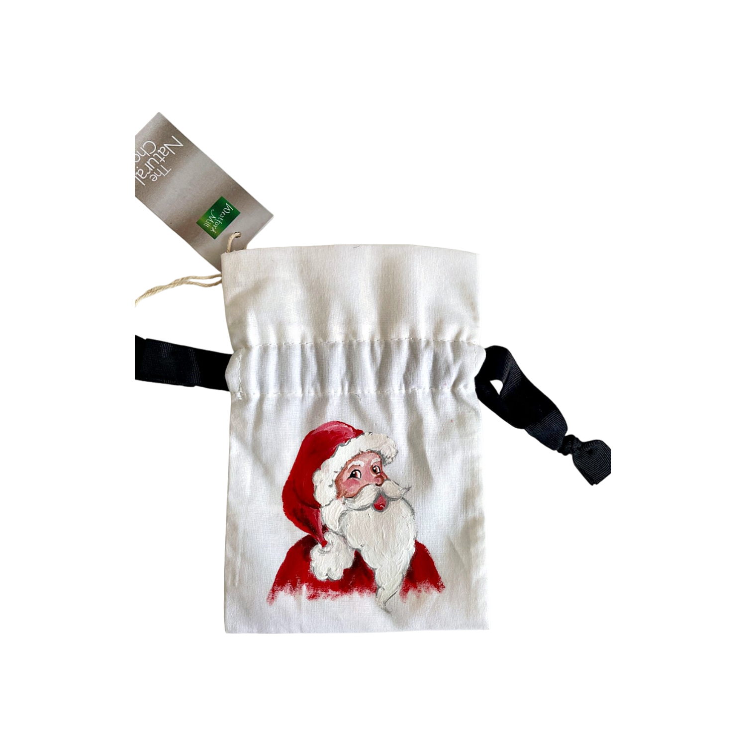 Pochette coton blanc, ruban satin noir, avec tête de père Noël peinte à la main par Elles et No.