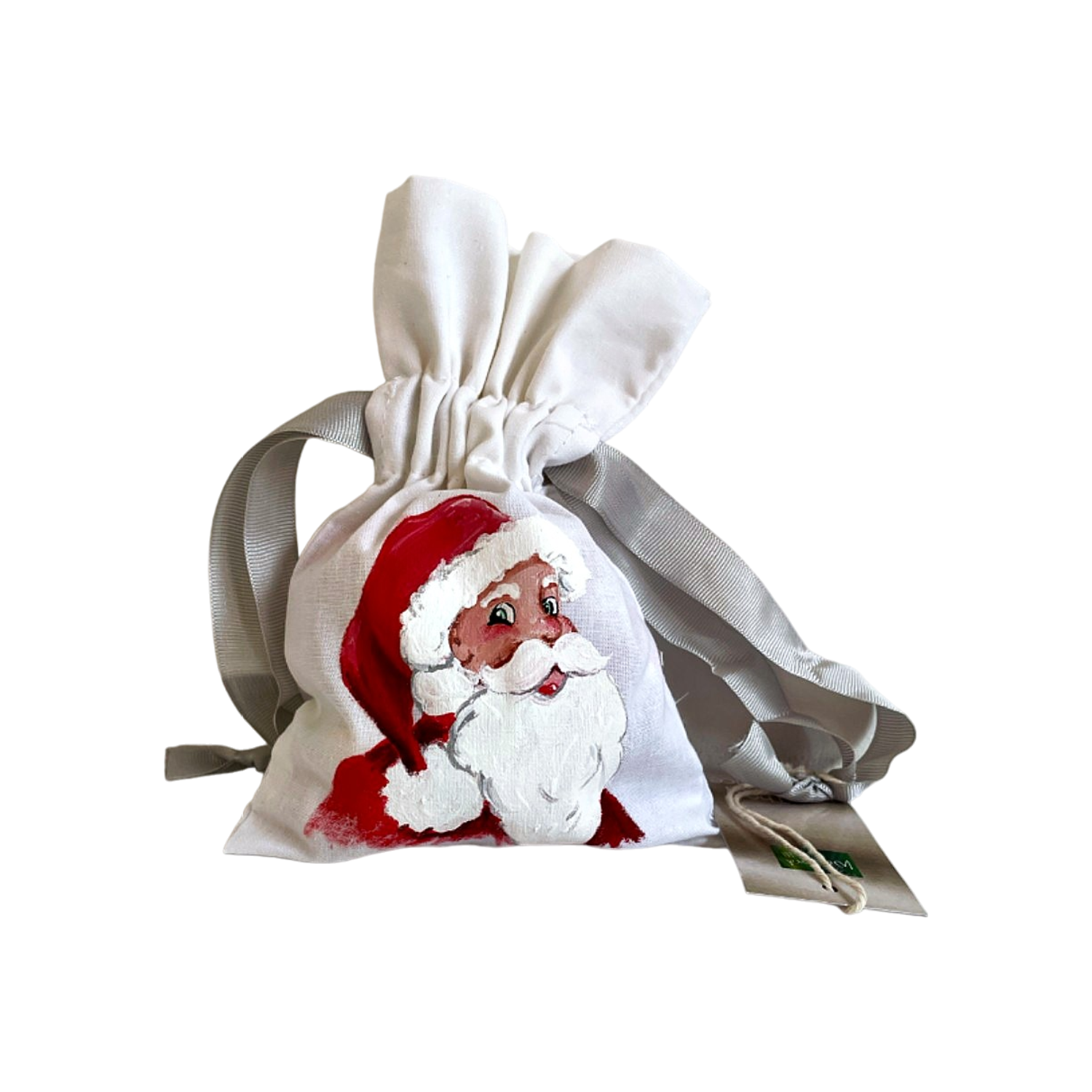 Pochette coton blanc, ruban satin gris, avec tête de père Noël peinte à la main par Elles et No.