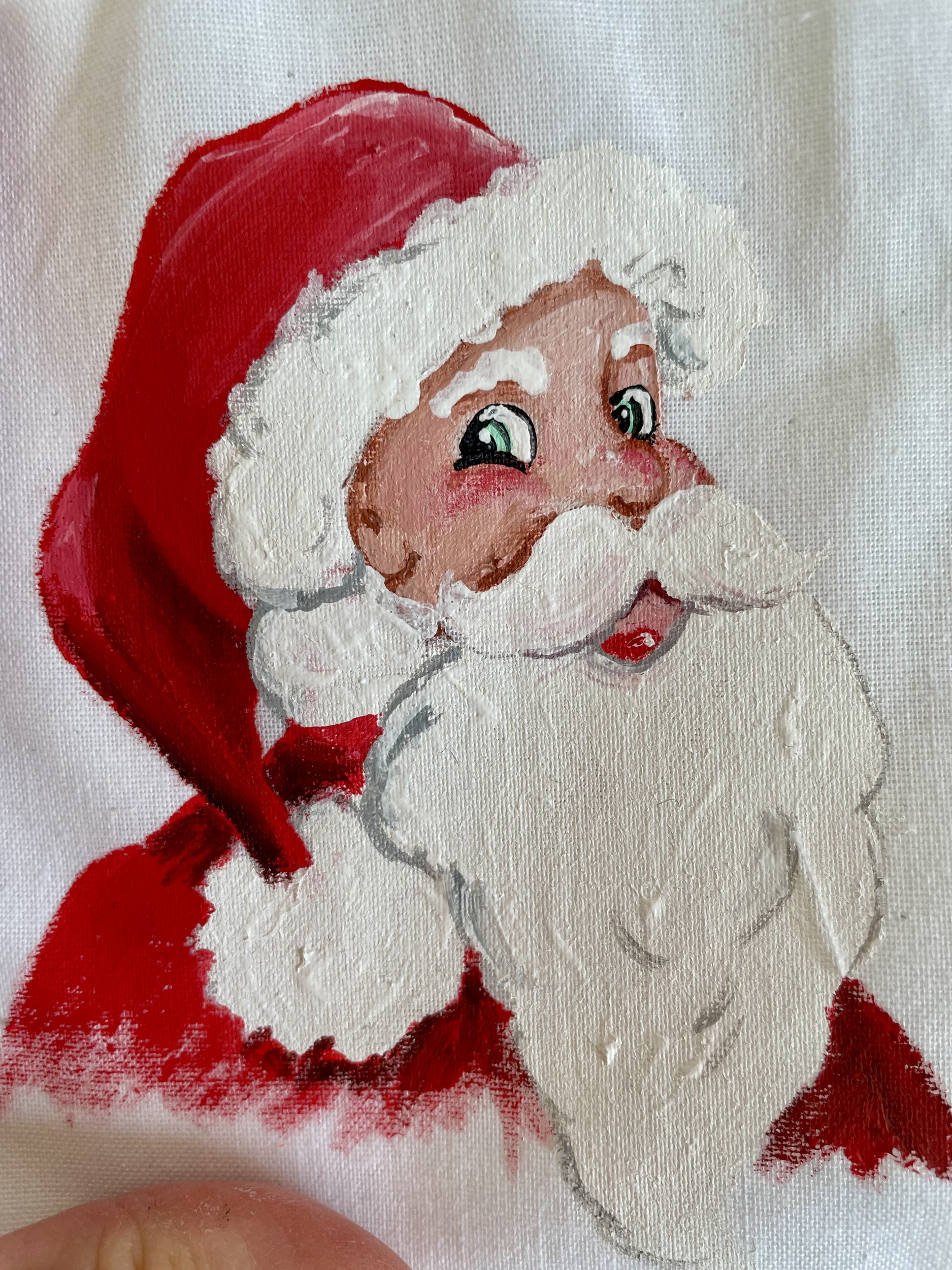 Pochette coton blanc, ruban satin gris, avec tête de père Noël peinte à la main par Elles et No.