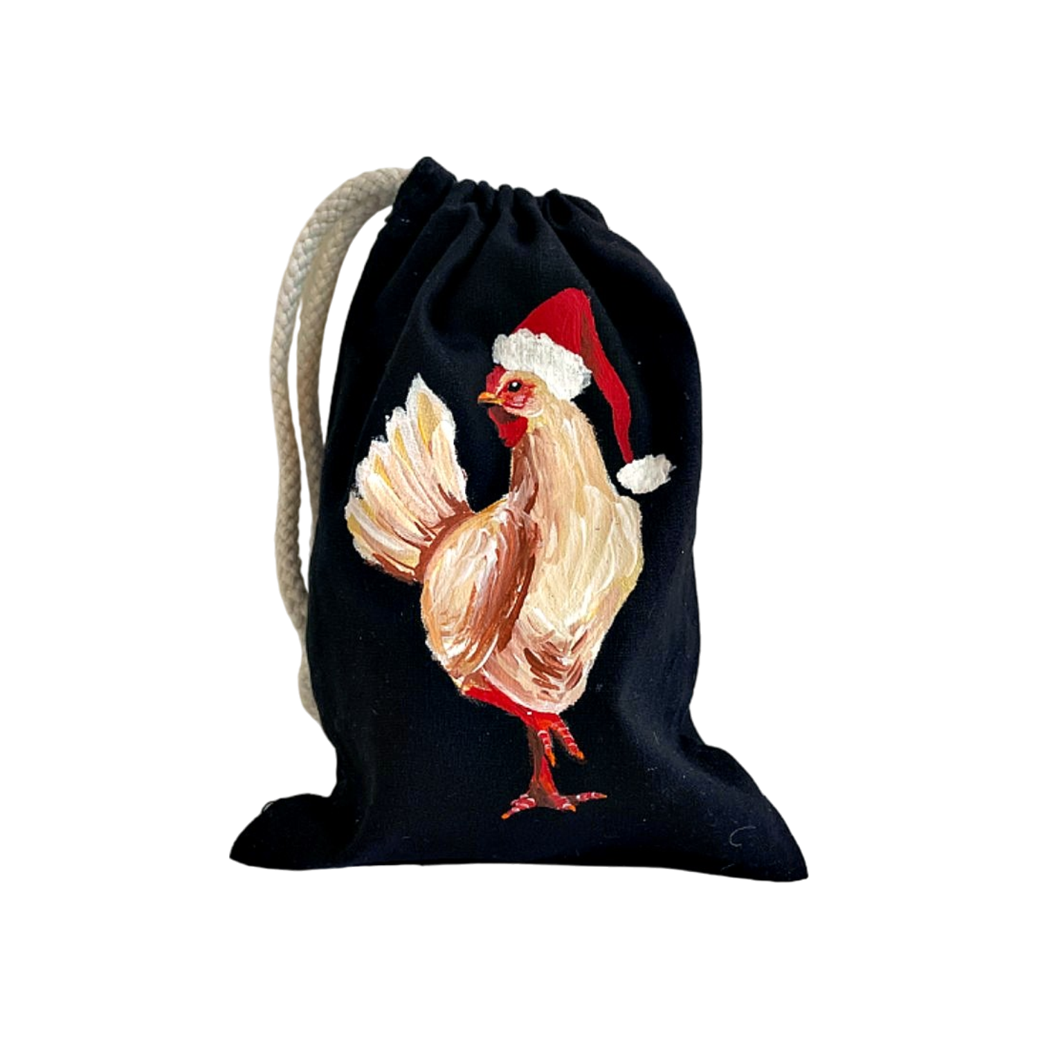 pochon coton noir avec poule coiffée dun bonnet de Père Noêl peinte à la pochon coton noir avec poule coiffée dun bonnet de Père Noël peinte à la main par Elles et No.