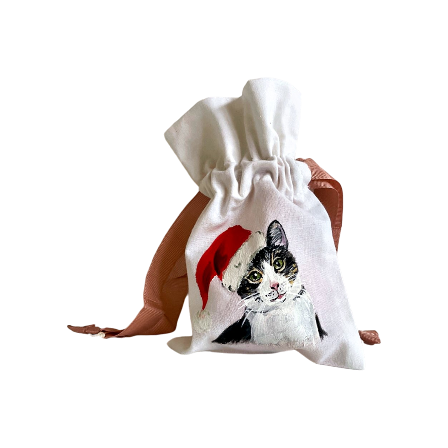 Pochon blanc en coton à cordon rose avec un chat coiffé dun bonnet de père Noël peint à la main par Elles et No.