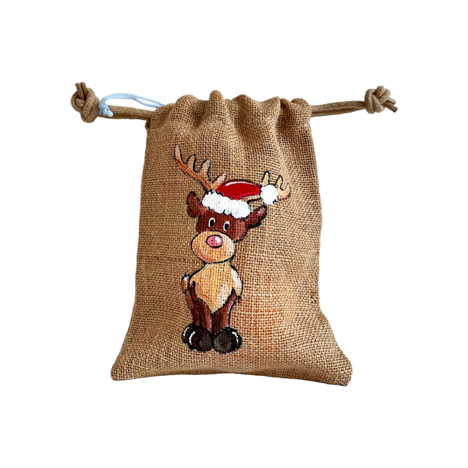 Pochon en jute avec un renne coiffé dun bonnet de père Noël peint à la main par Elles et No.