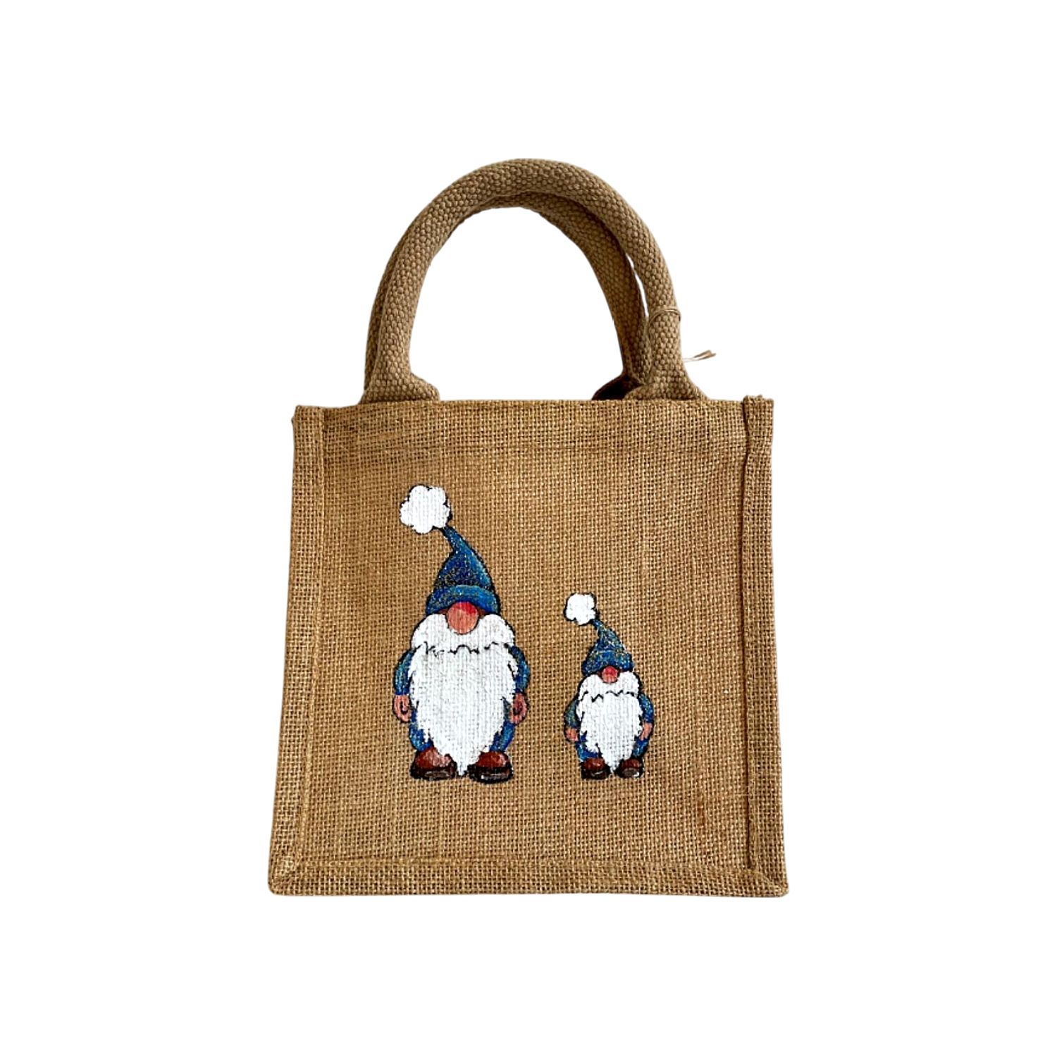 Petit sac en jute avec deux lutins de Noël aux habits bleus strass peints à la main par Elles et No.
