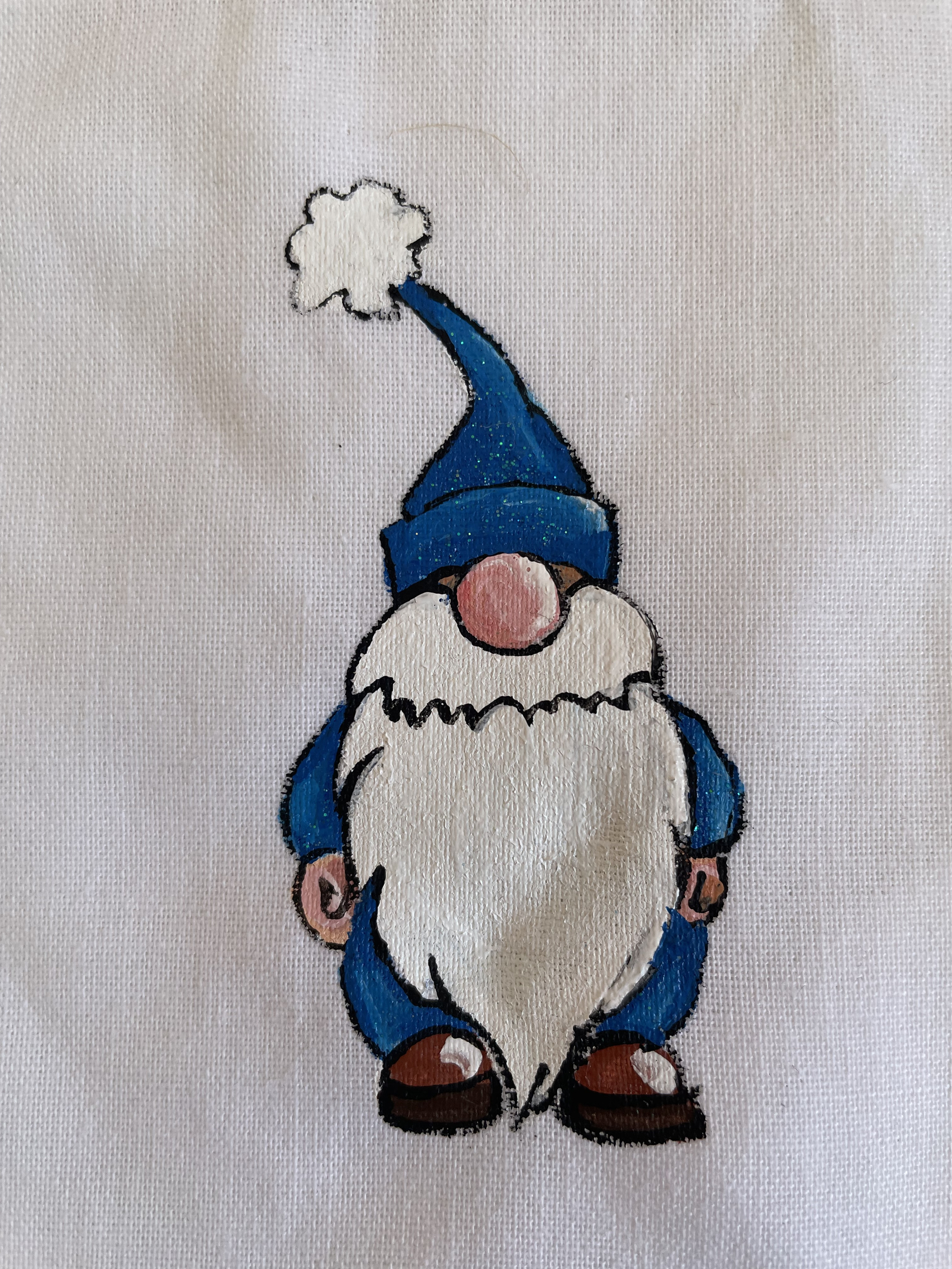pochon en coton bio avec ruban satin rose avec un lutin de Noël bleu peint à la main par Elles et No.