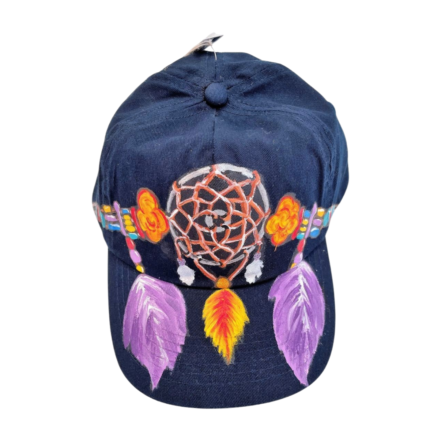 Casquette enfant en coton bleu nuit avec un attrape-rêves peint à la main par Elles et No.
