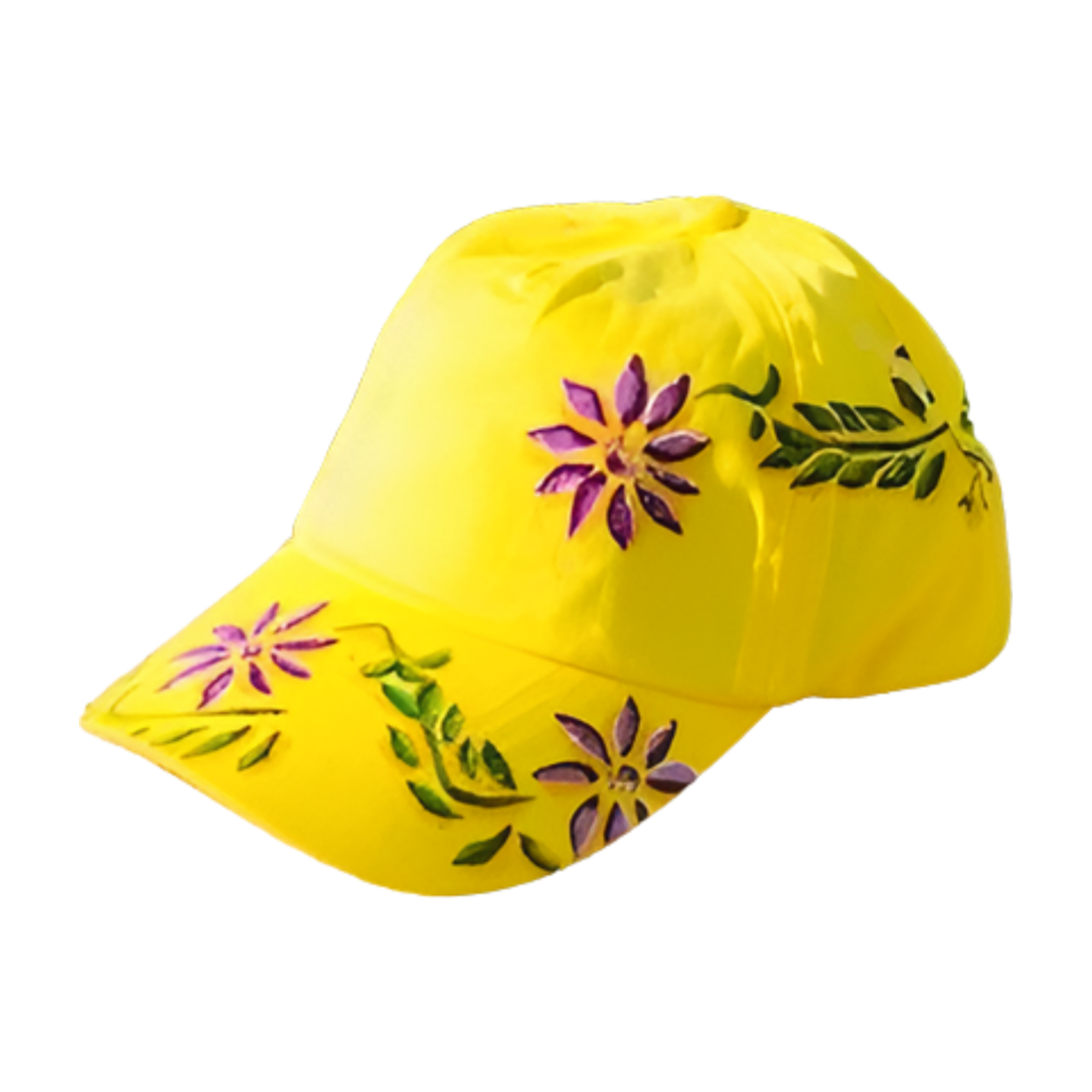 casquette enfant jaune avec fleurs mauves stylisées peintes à la main par Elles et No.