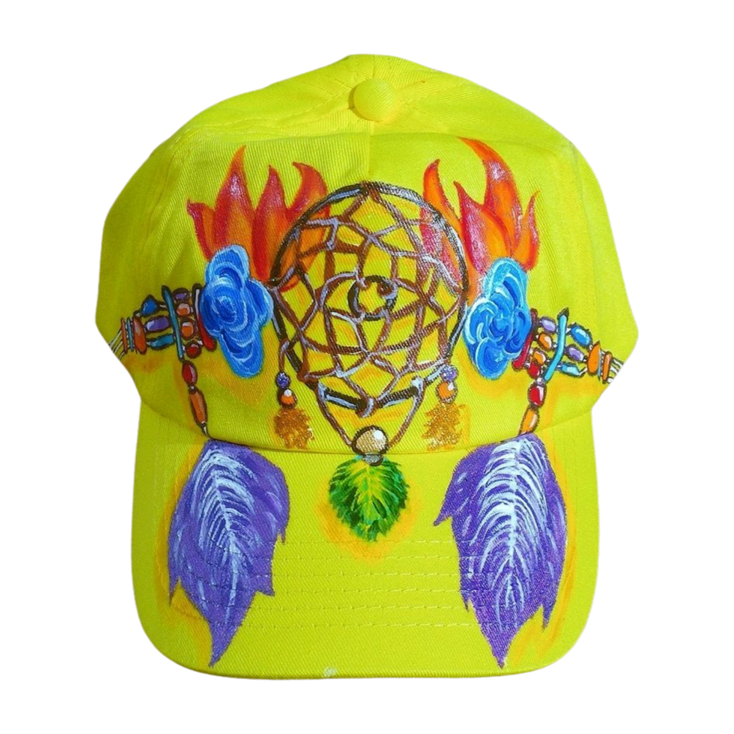 Casquette jaune enfant avec un attrape-rêves peint à la main par Elles et No.