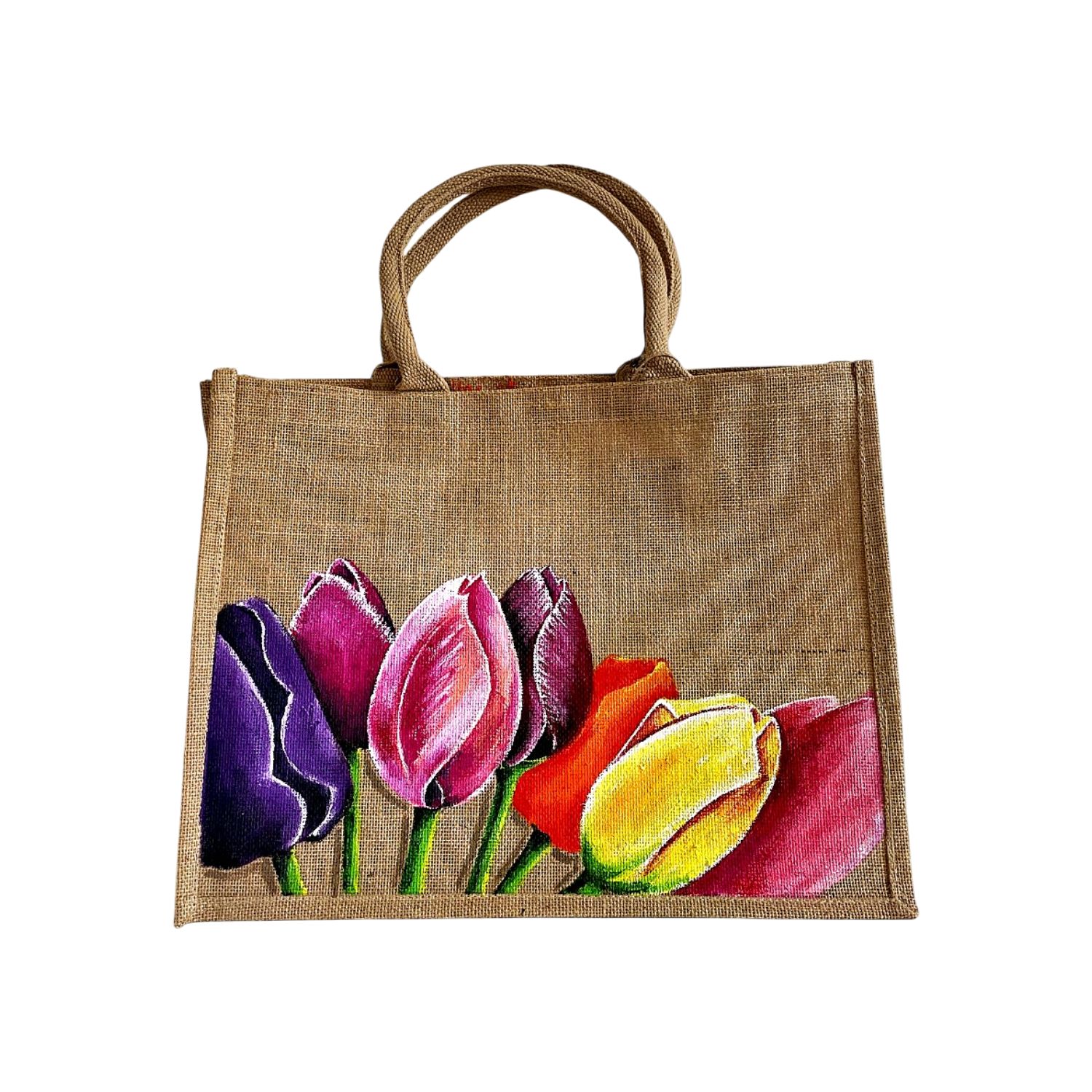 sac en jute Elles et No. grand modèle avec tulipes peintes à la main