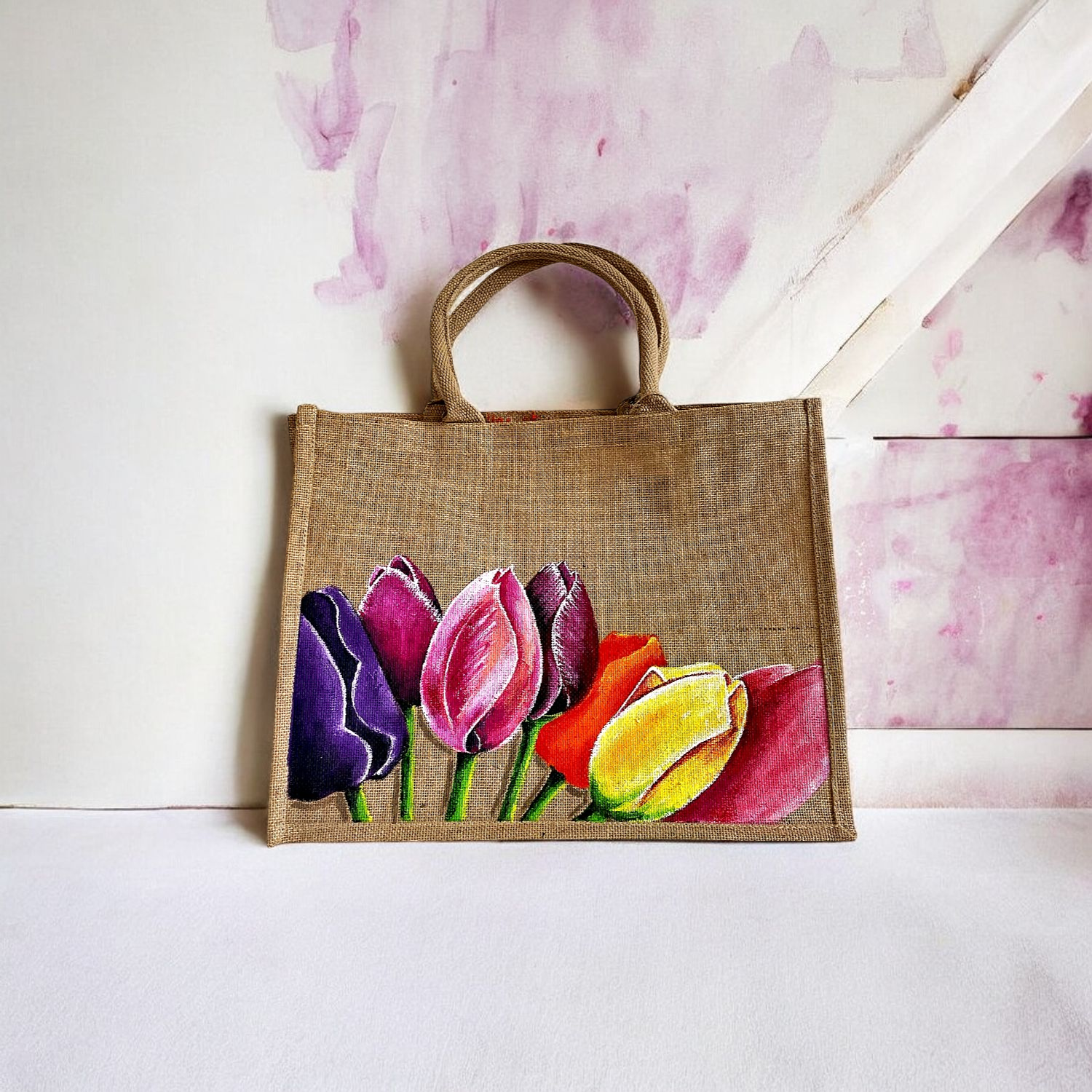 sac en jute  Elles et No. grand modèle avec tulipes peintes à la main