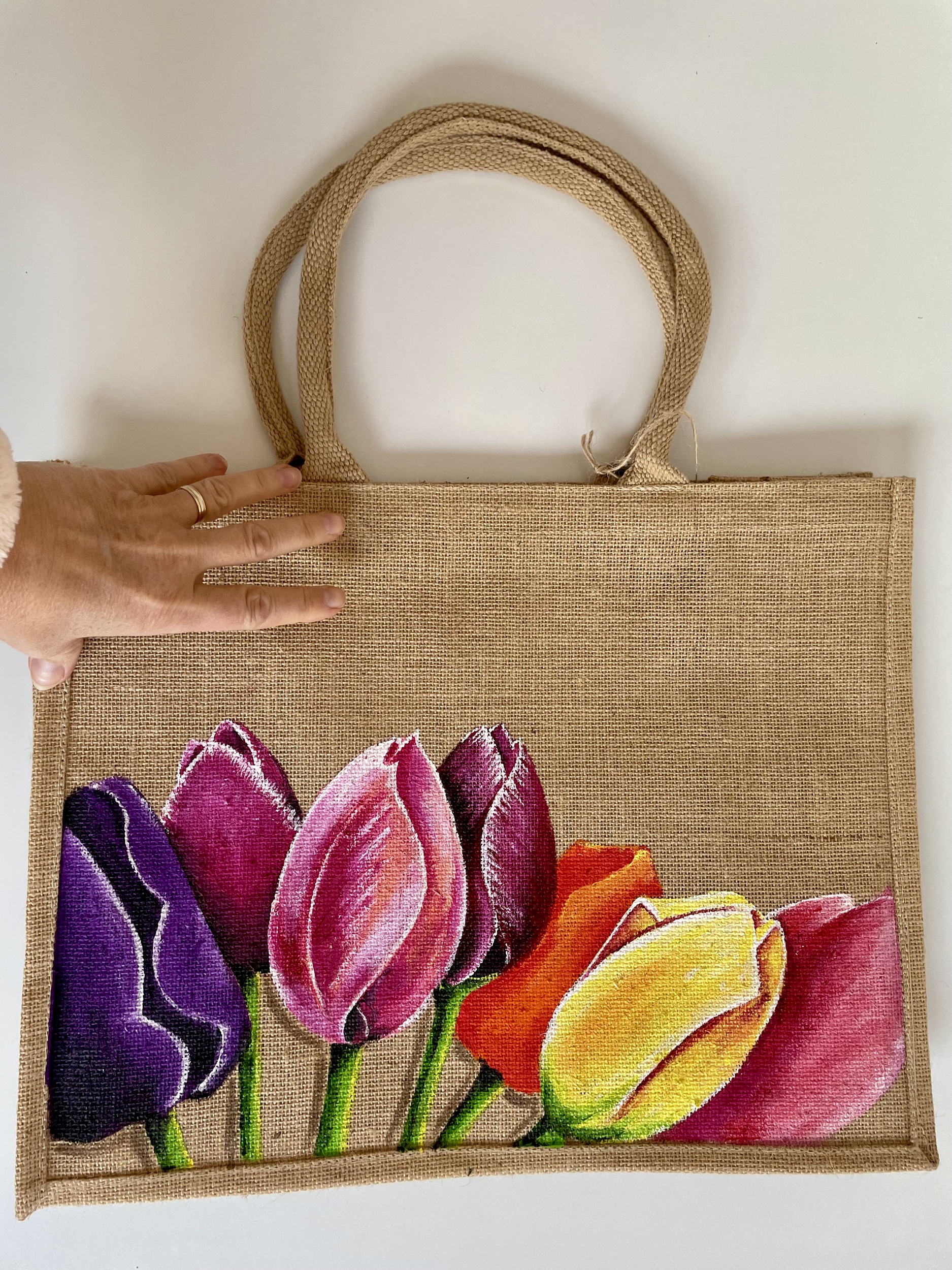 sac en jute   Elles et No. grand modèle avec tulipes peintes à la main