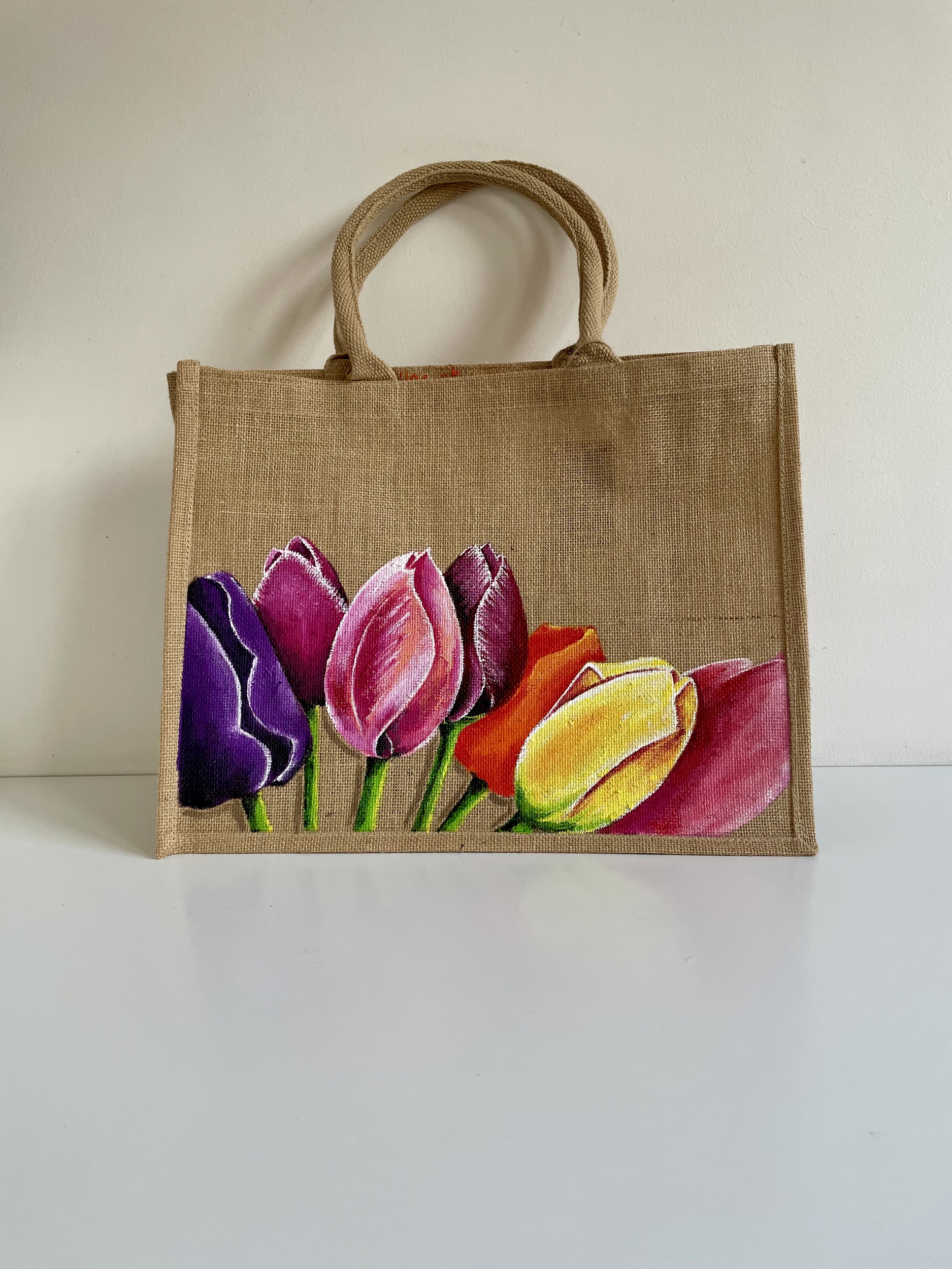 sac en jute.Elles et No. grand modèle avec tulipes peintes à la main