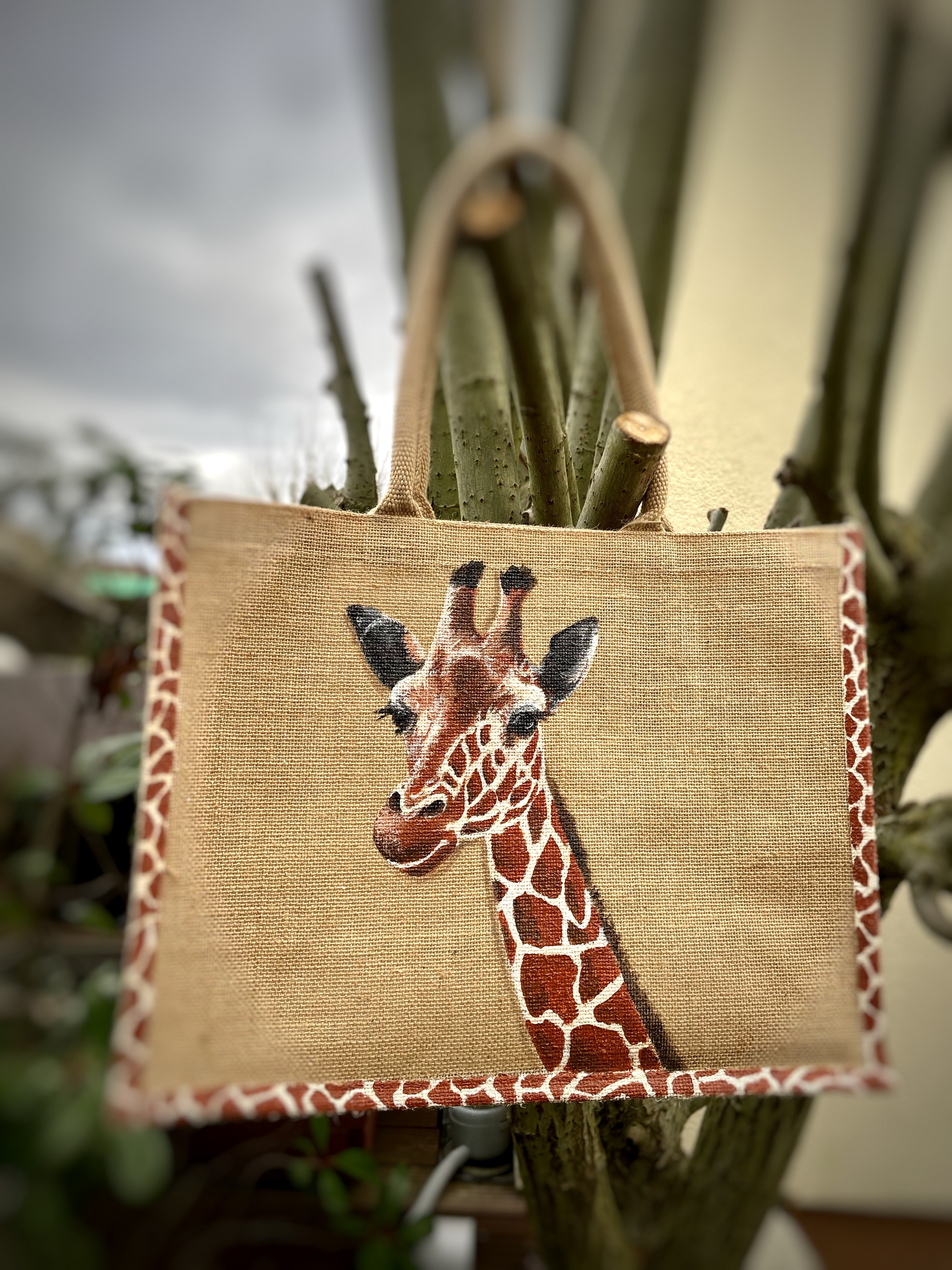 Elles et No. sac jute XL avec une tête de girafe peinte à la main