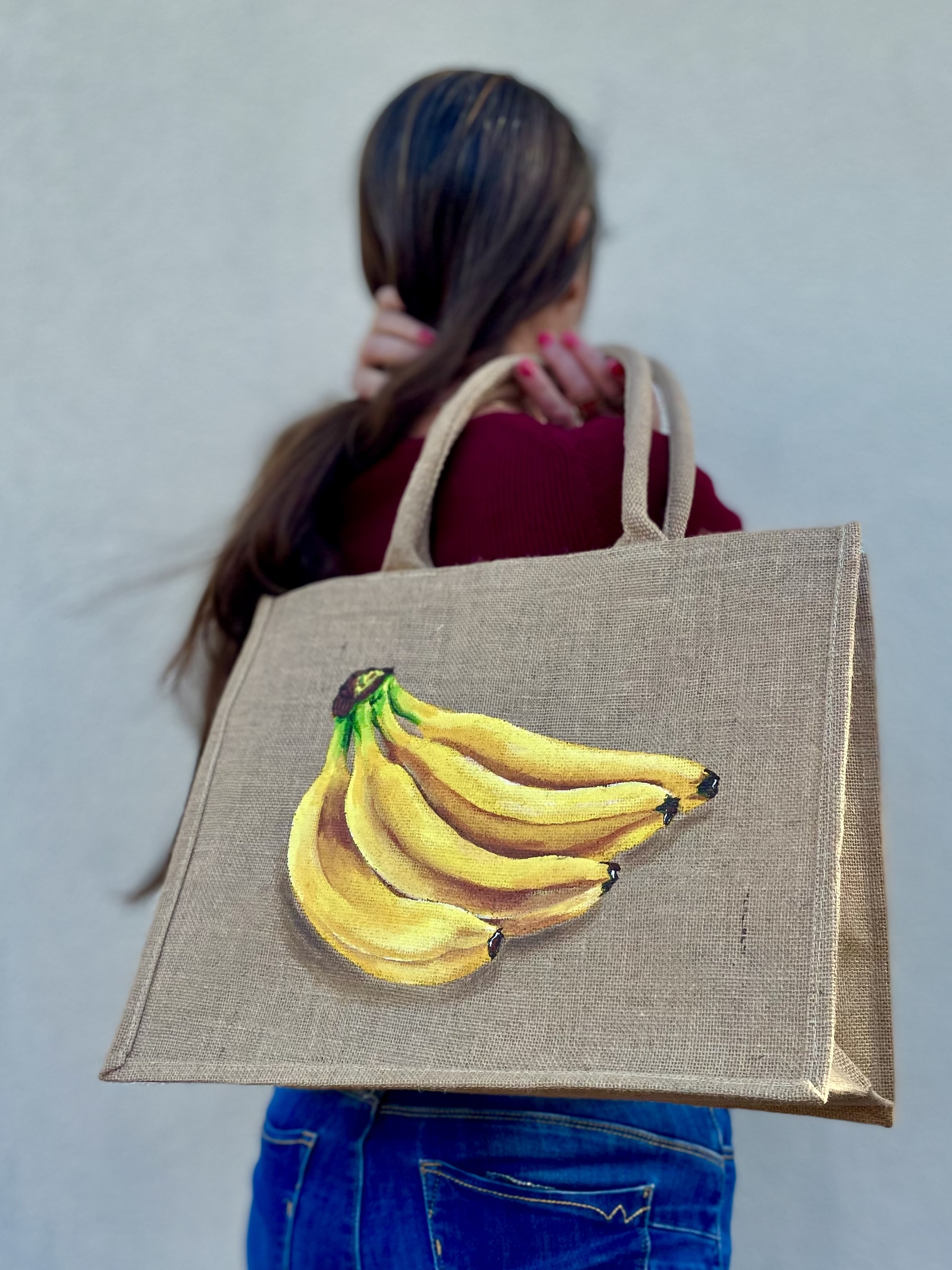 Elles et No. sac en jute XL avec un régime de bananes peints àa la main porté sur lépaule