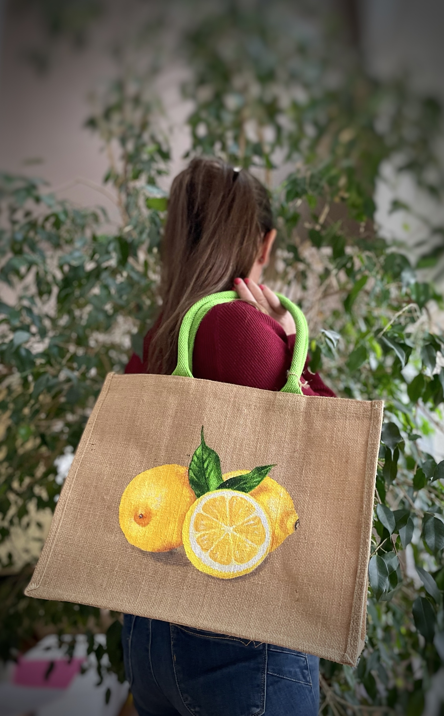 Elles et No. sac de plage en jute XL avec des gros citrons peints à la main