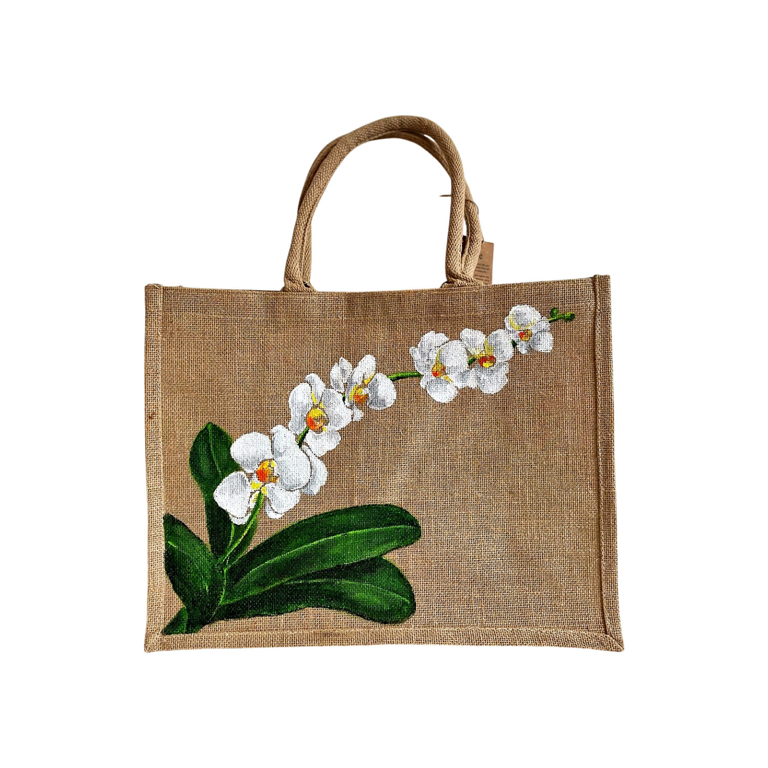 Elles et No.  cabas en jute avec une orchidée blanche peinte à la main