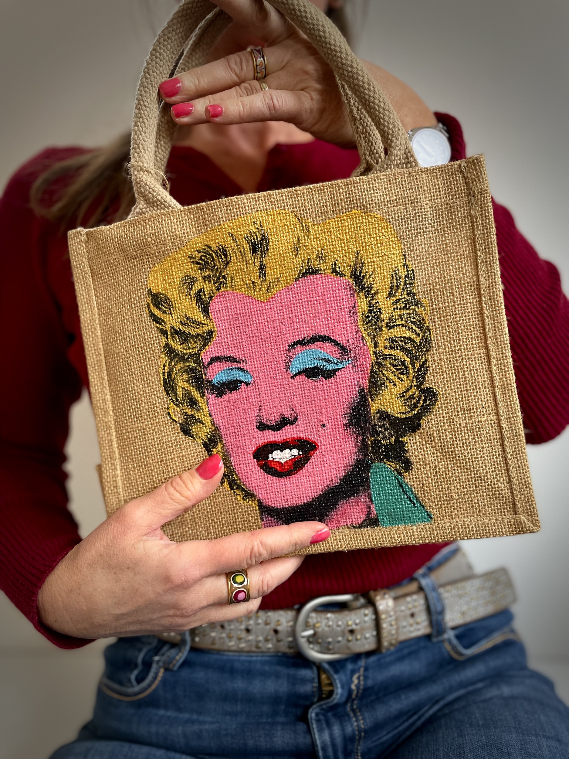 sac jute avec portrait de Maryin Monroe par Warhol peint à la main par Elles et No.