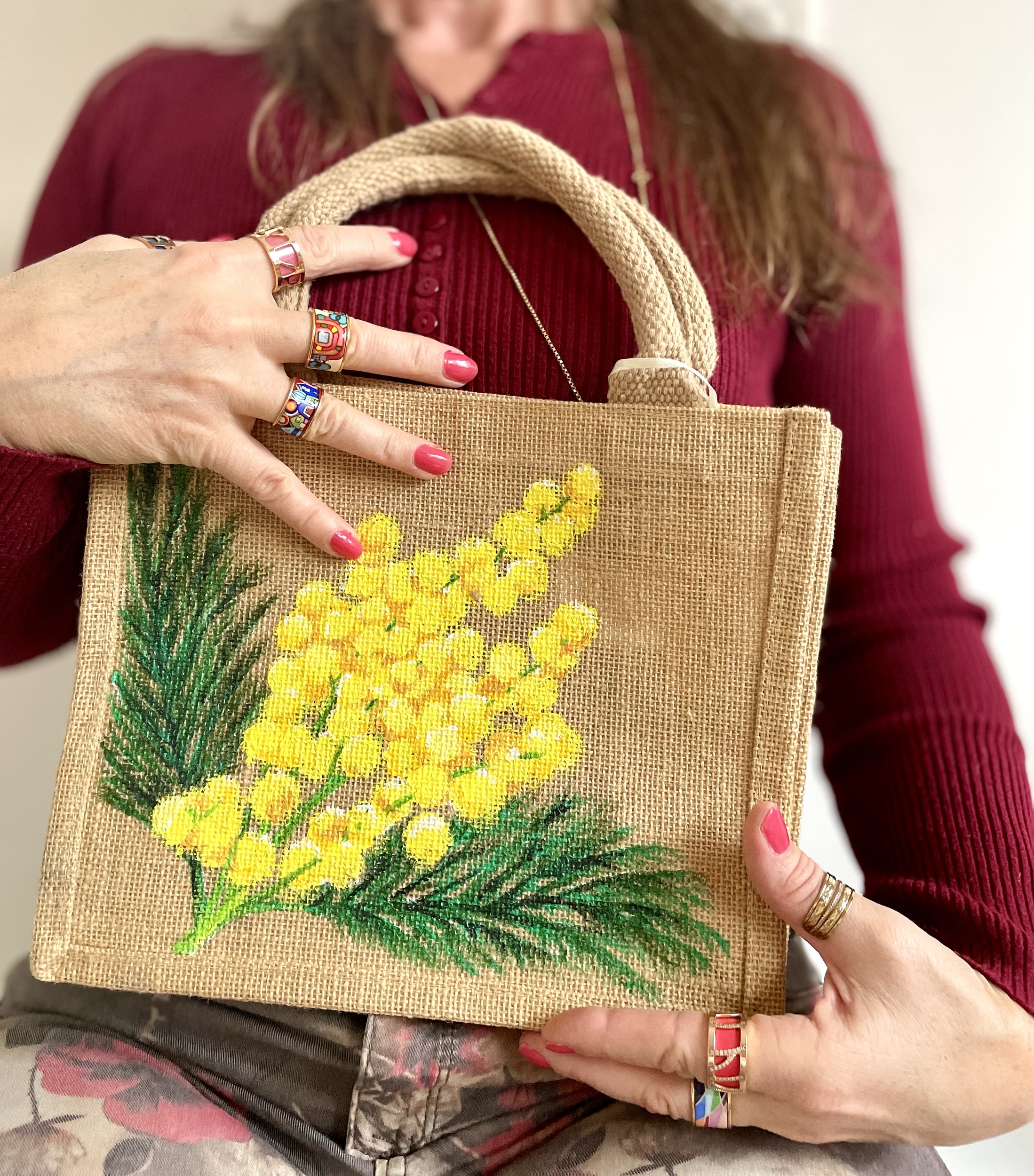 sac en jute avec du mimosa peint à la main par Elles et No.
