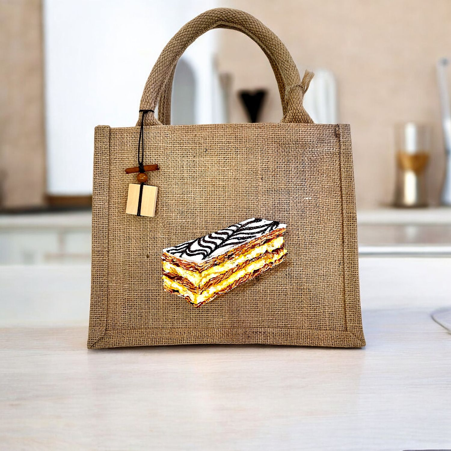 sac en jute avec mille feuilles peint à la main par Elles et No.
