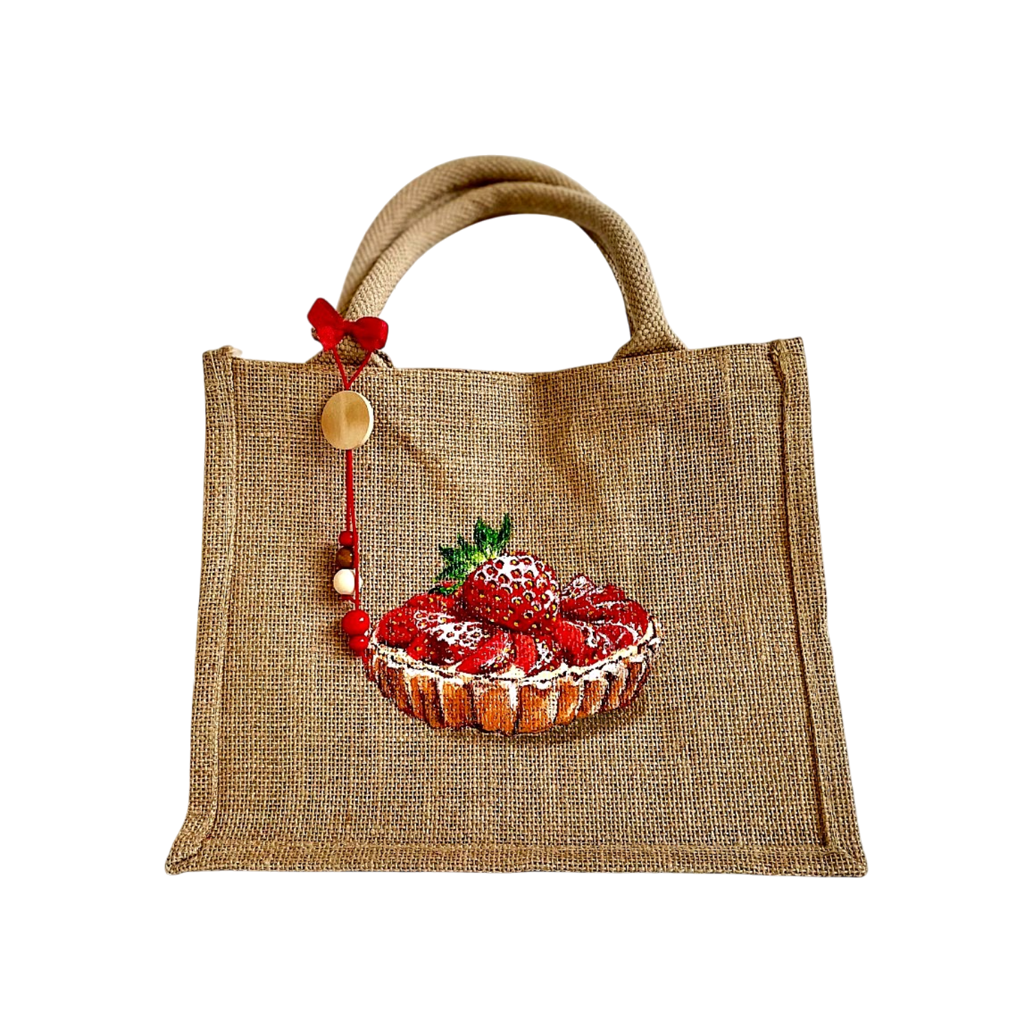 dSac en jute avec une tarte aux fraises peinte à la main par Elles et No.
