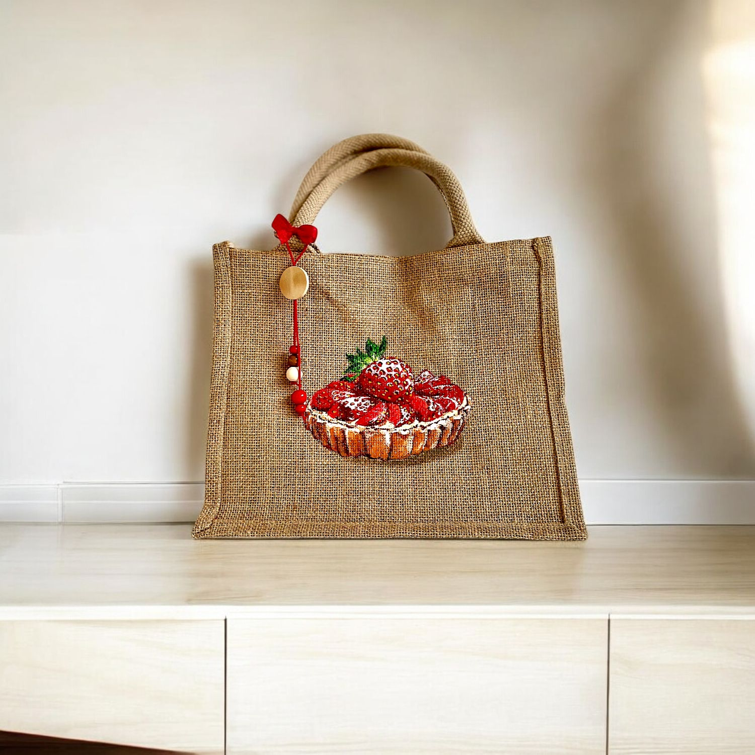 Sac en jute avec une tarte aux fraises peinte à la main par Elles et No.