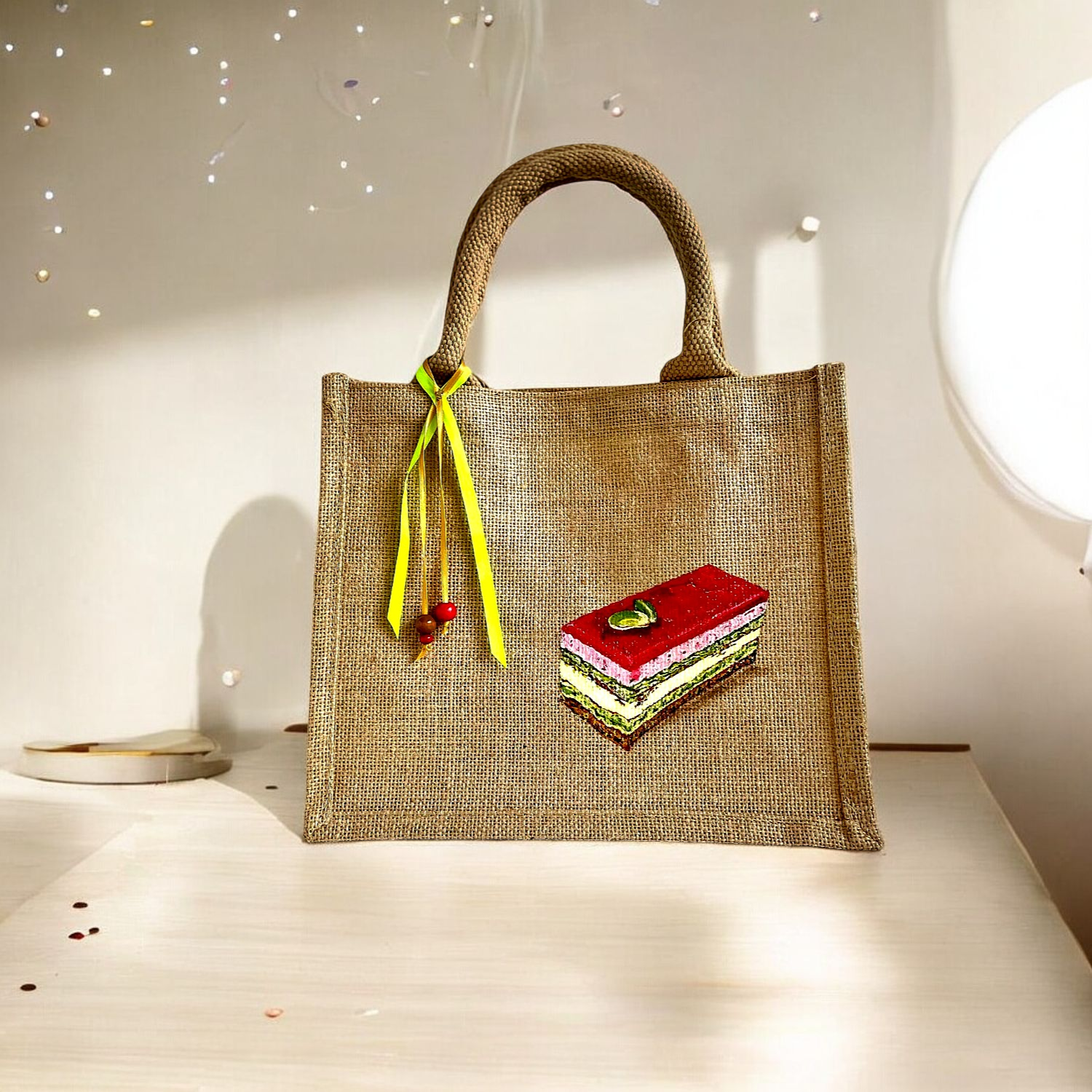 sac en jut avec entremet framboise pistaches peint à la main par Elles et No.