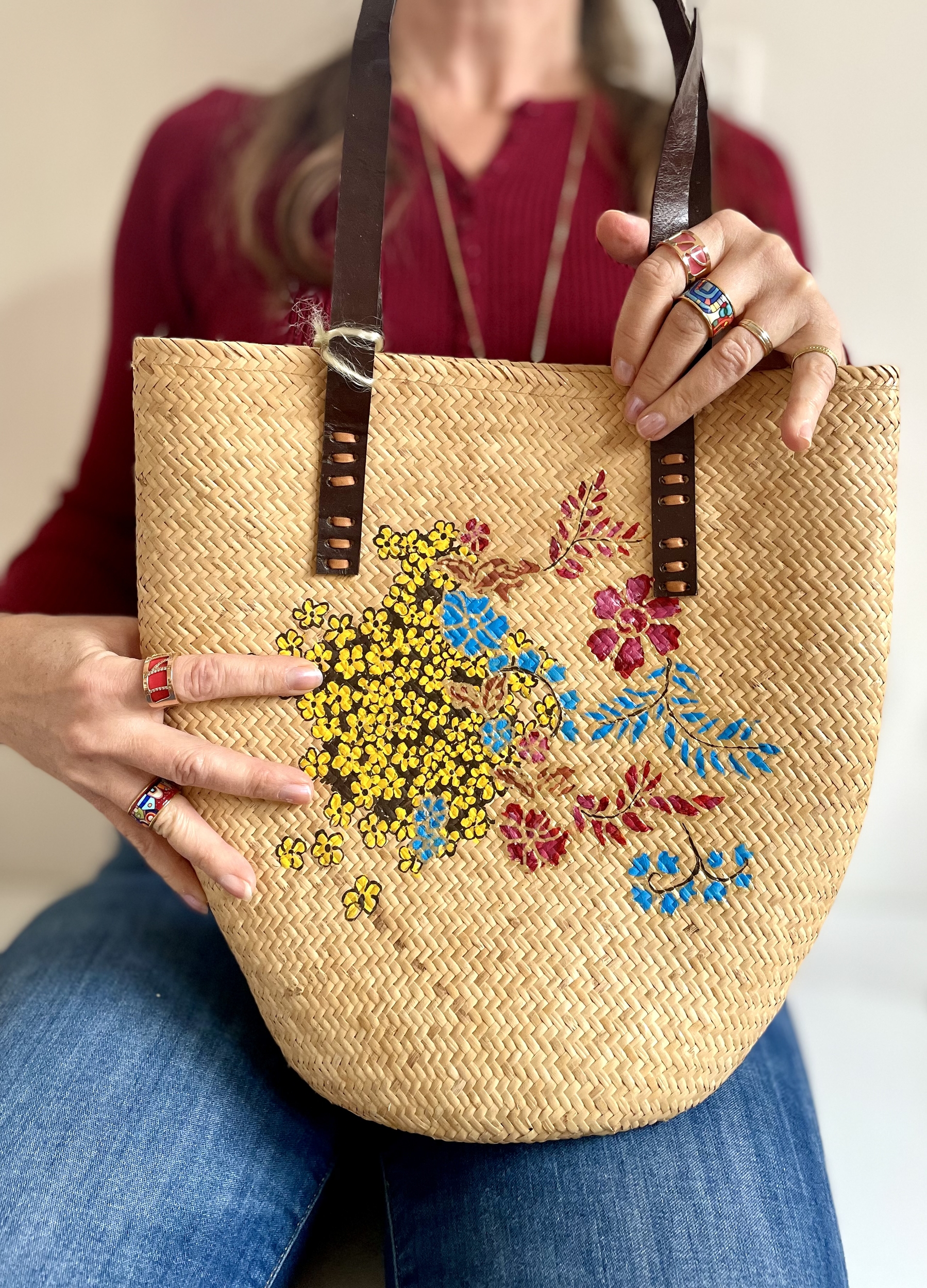 Sac en jute en bambou tressé avec motif Thai peints à la main par Elles et No.
