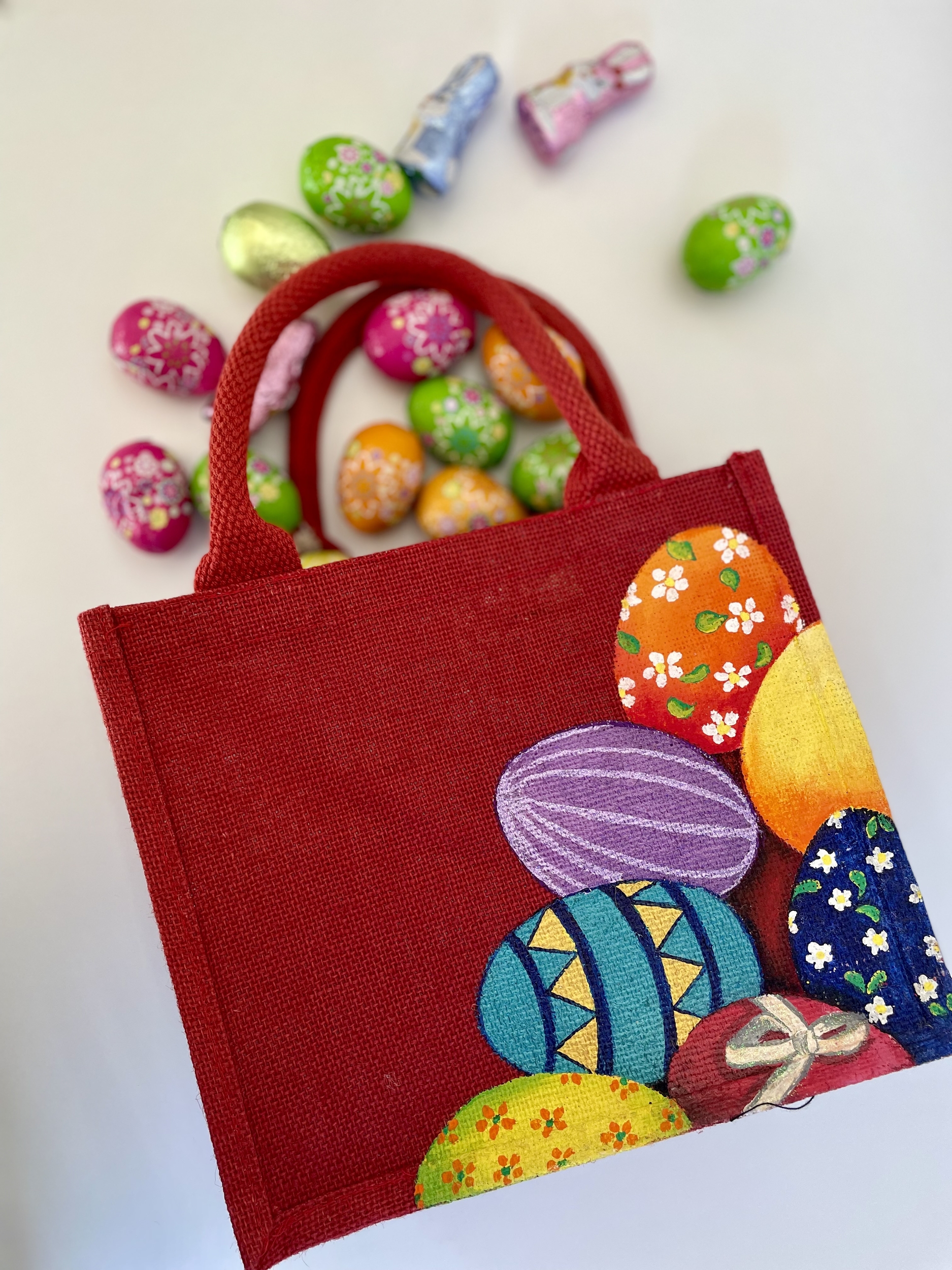 Sac en jute avec des motifs de Pâques peints à la main par Elles et No.