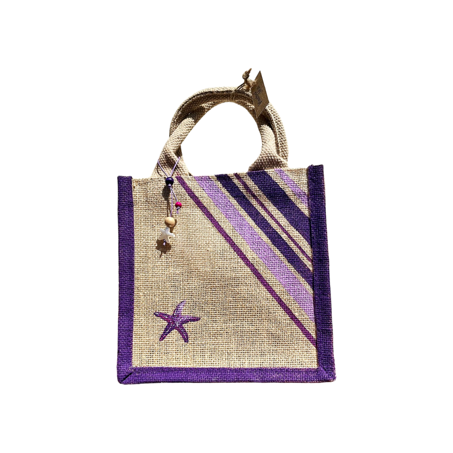 petit sac en jute avec des bandes bayadère mauves peintes à la main par Elles et No.