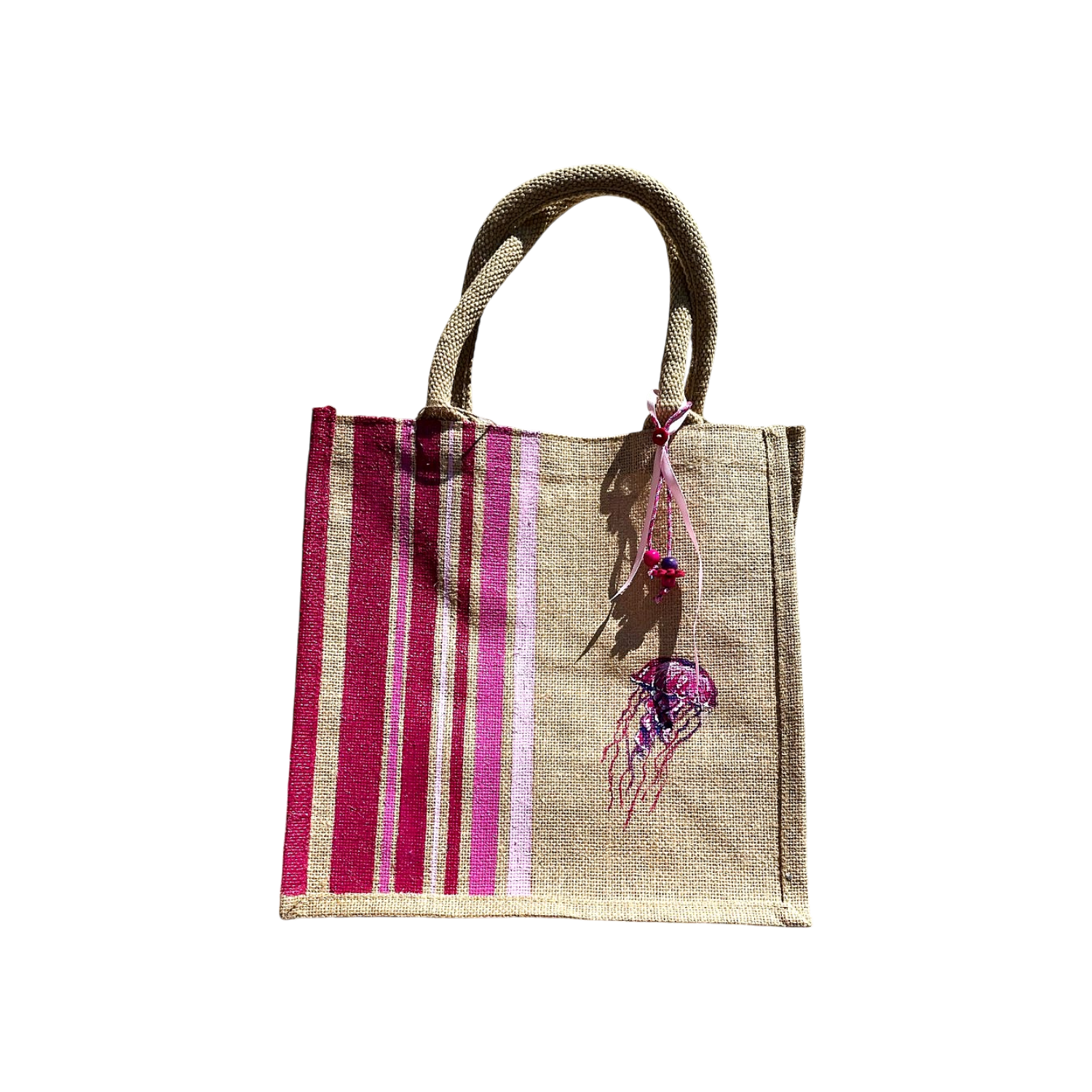 sac jute taille M avec de grandes bandes rose style bayadère peintes à la main par Elles et No.
