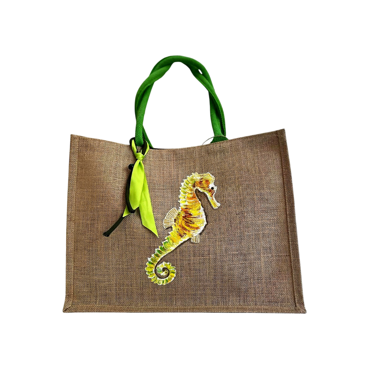 sac de plage en jute à anses vertes avec un hippocampe dans les tons jaune et vert peint à la main par Elles et No.