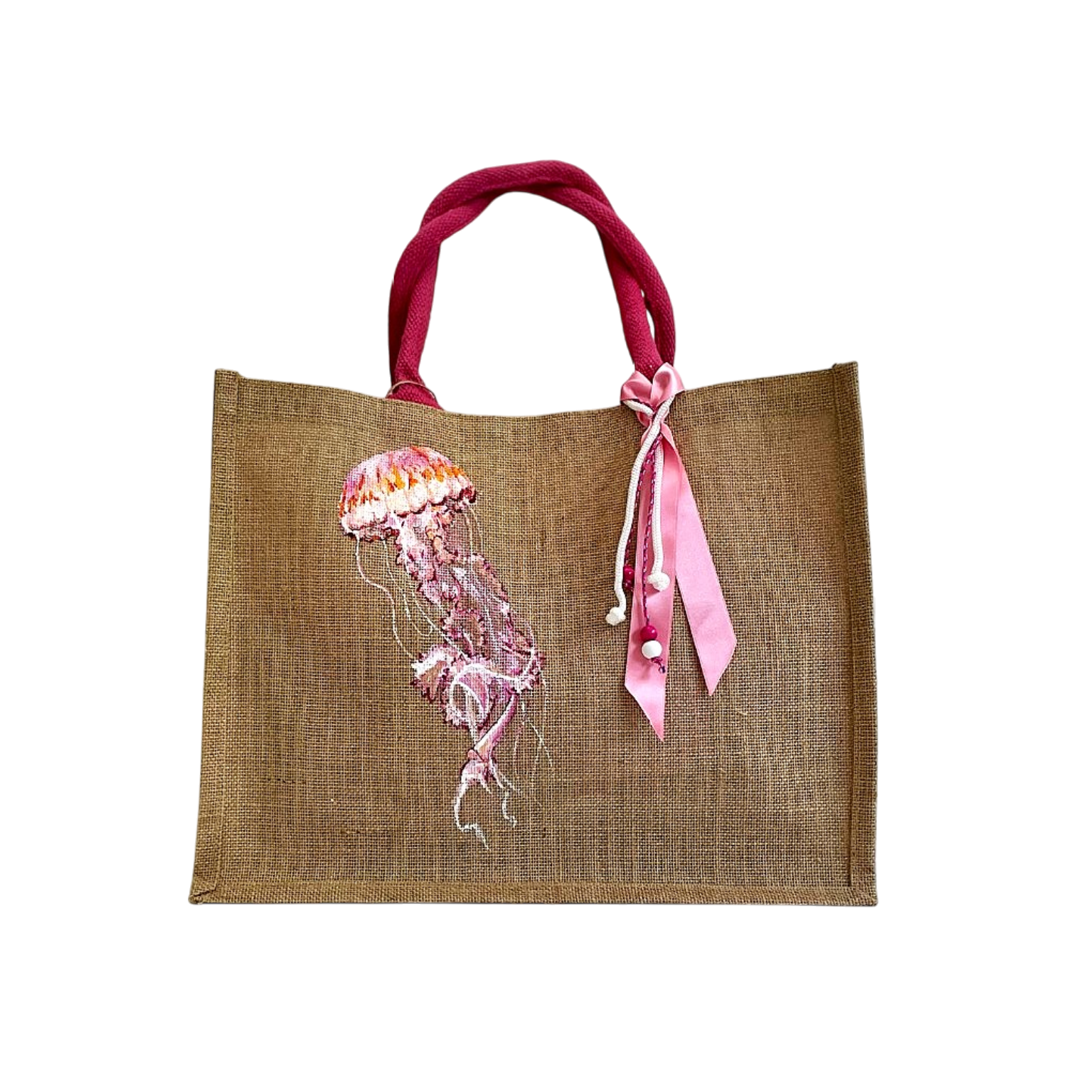 sac de plage en jute à anses roses avec une méduse rose peinte à la main par Elles et No.