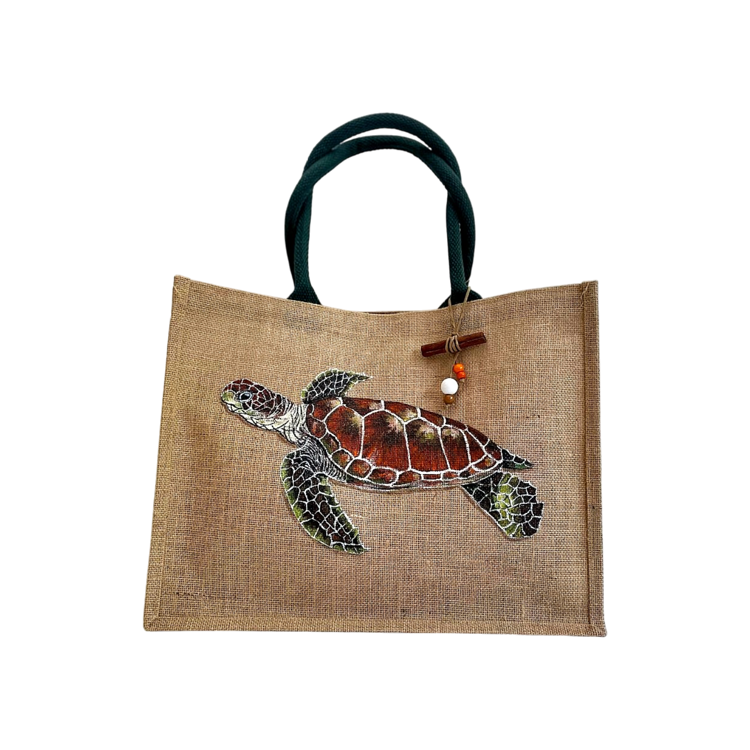 sac de plage en jute à anses kaki avec une tortue de mer peinte à la main par Elles et No.