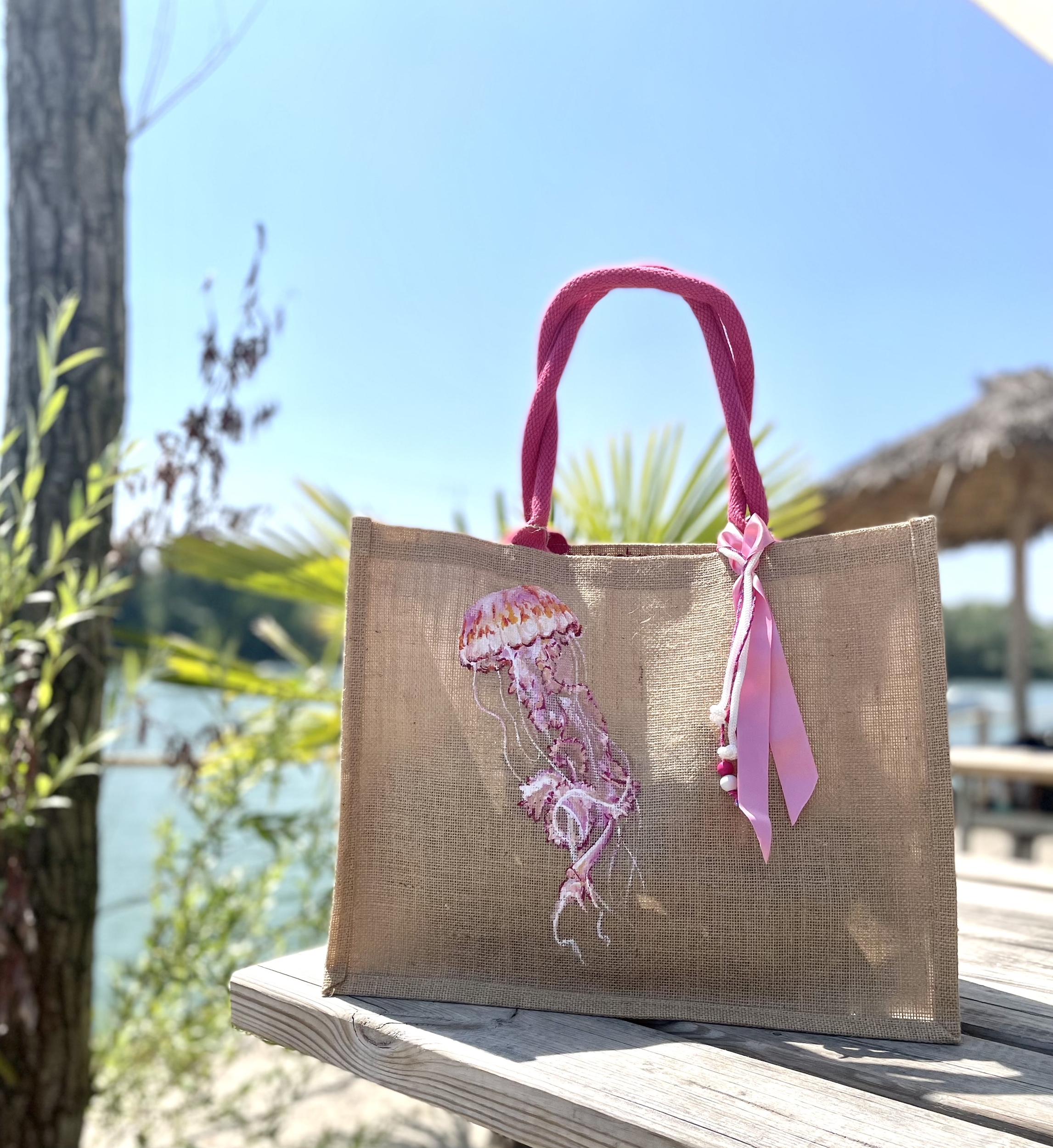 sac de plage en jute à anses roses