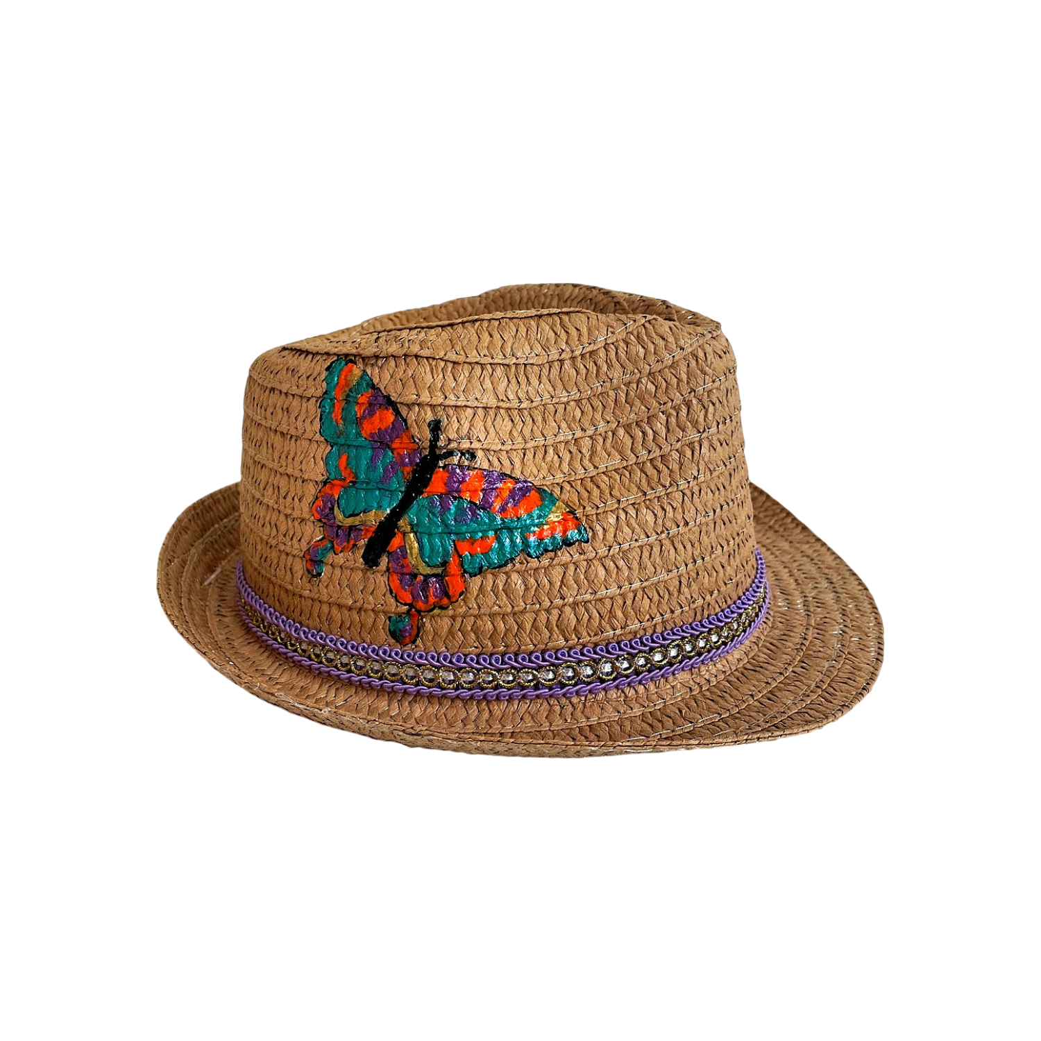 Chapeau dété pour enfant en papier tissé avec un papillon, peint à la main par Elles et No.