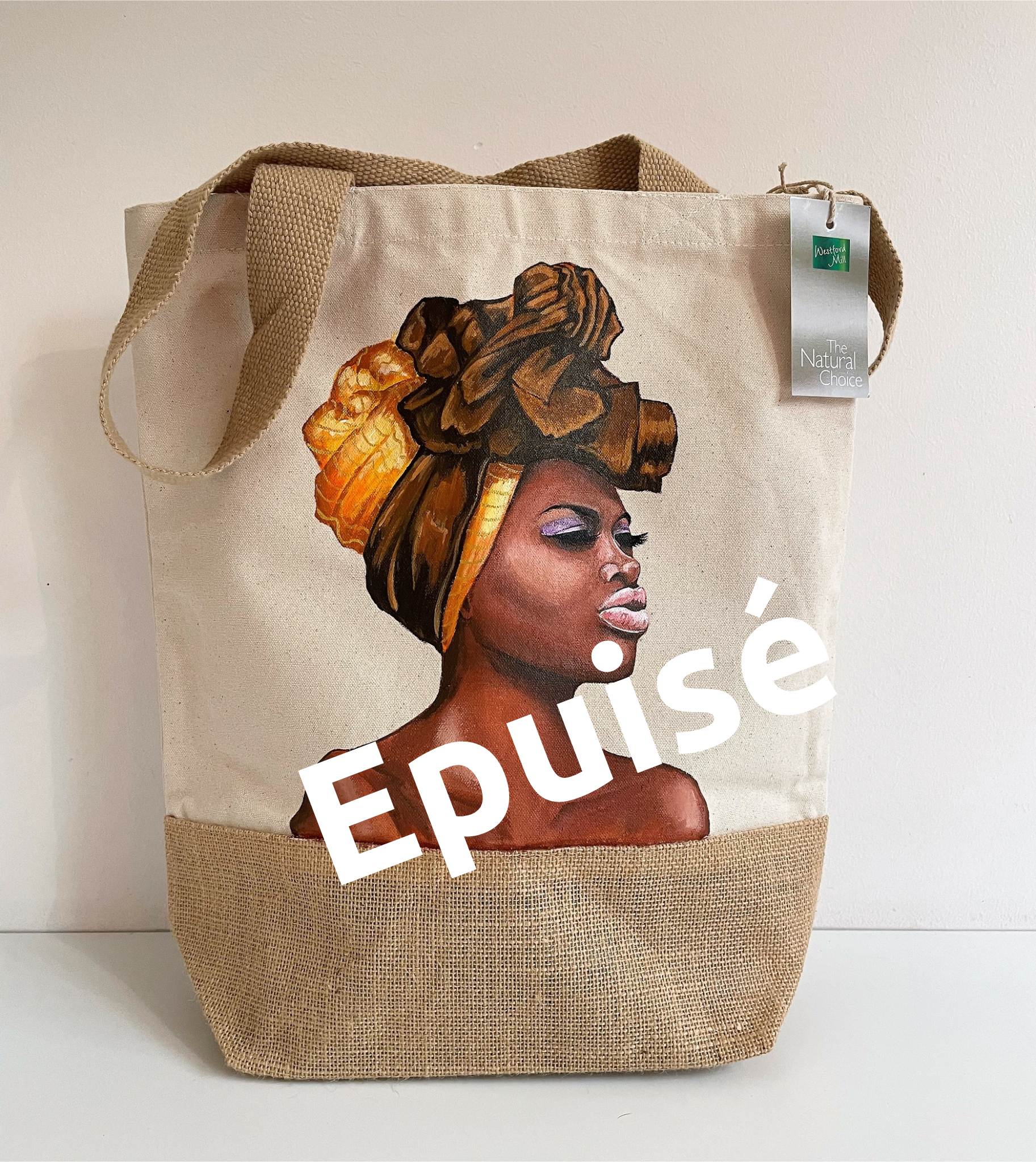Sac jute et coton avec un portait de femme africaine peint à la main par Elles et No.