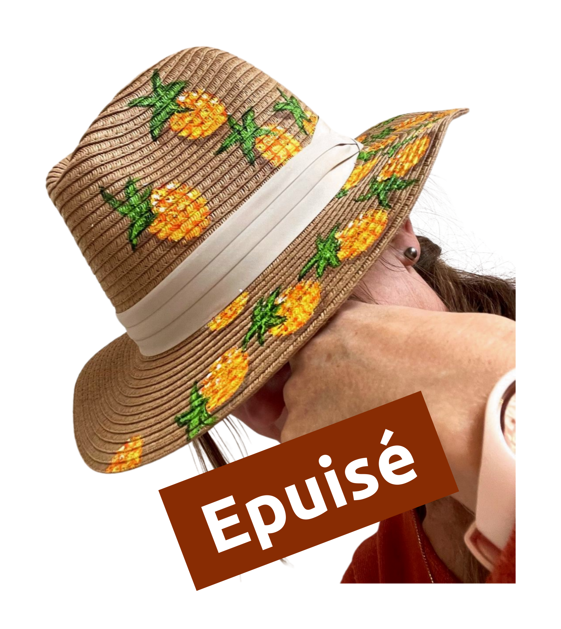 Chapeau en papier tissé avec des ananas dorés peints à la main par Elles et No.