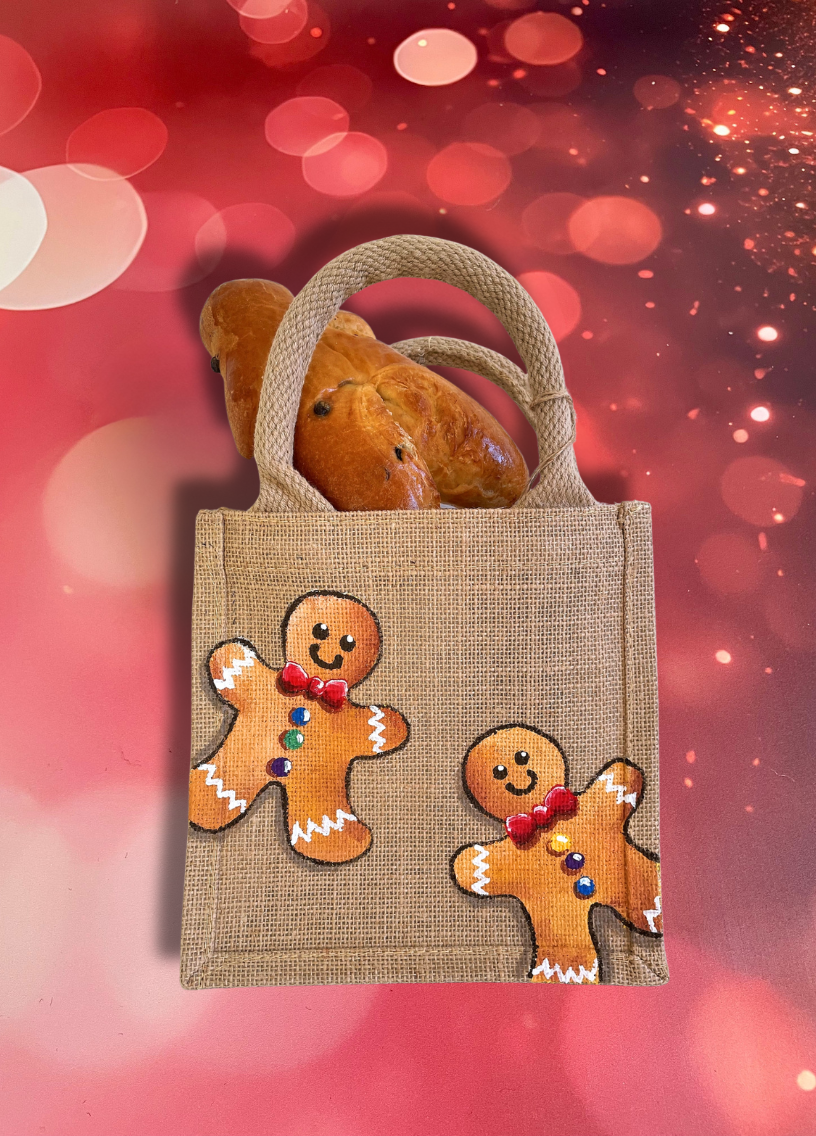 sac en jute avec bonhomme pain dépices manalas peints à la main par Elles et No.