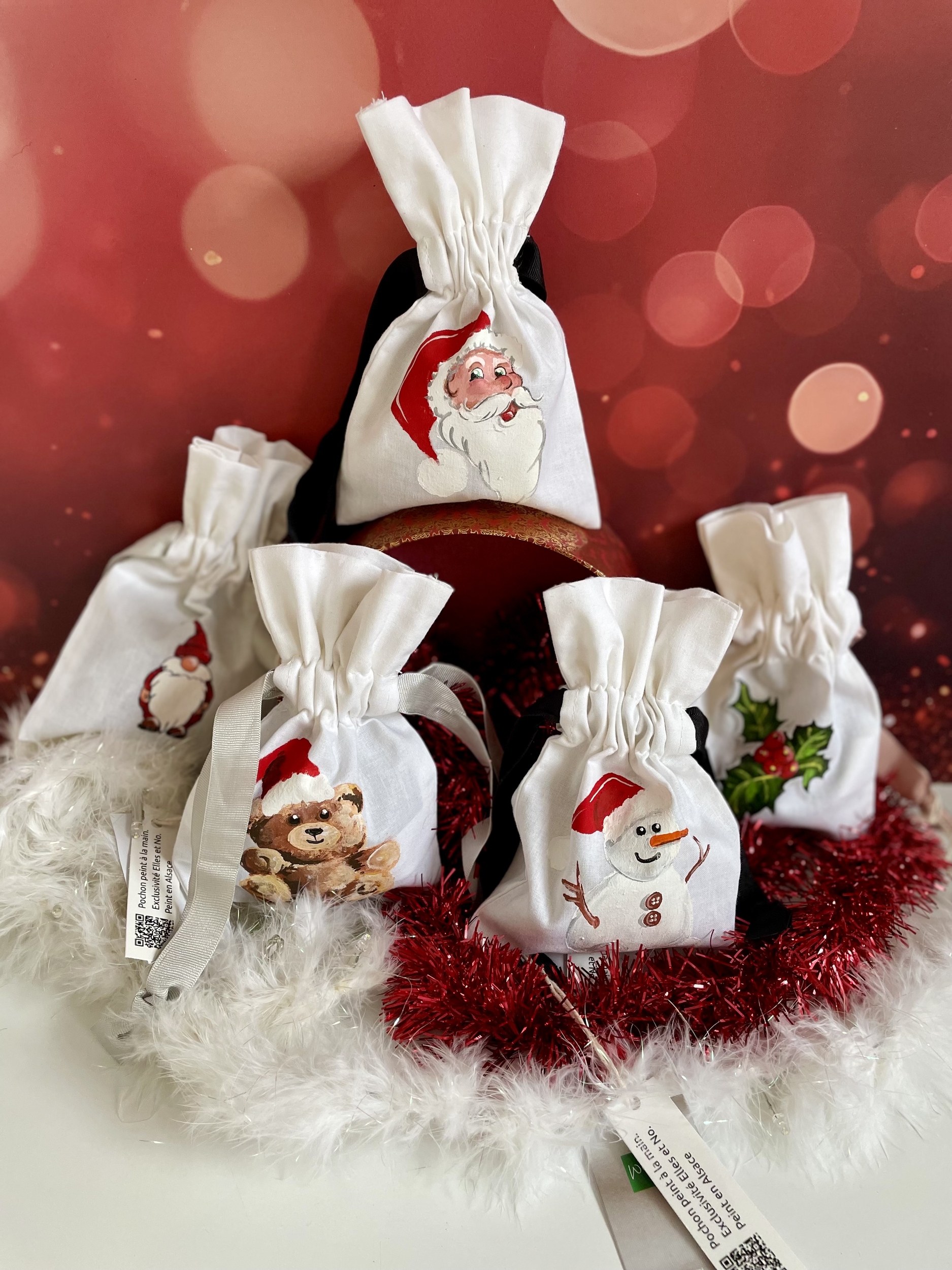 lots de 5 pochons de Noël peints  à la main par Elles et No.