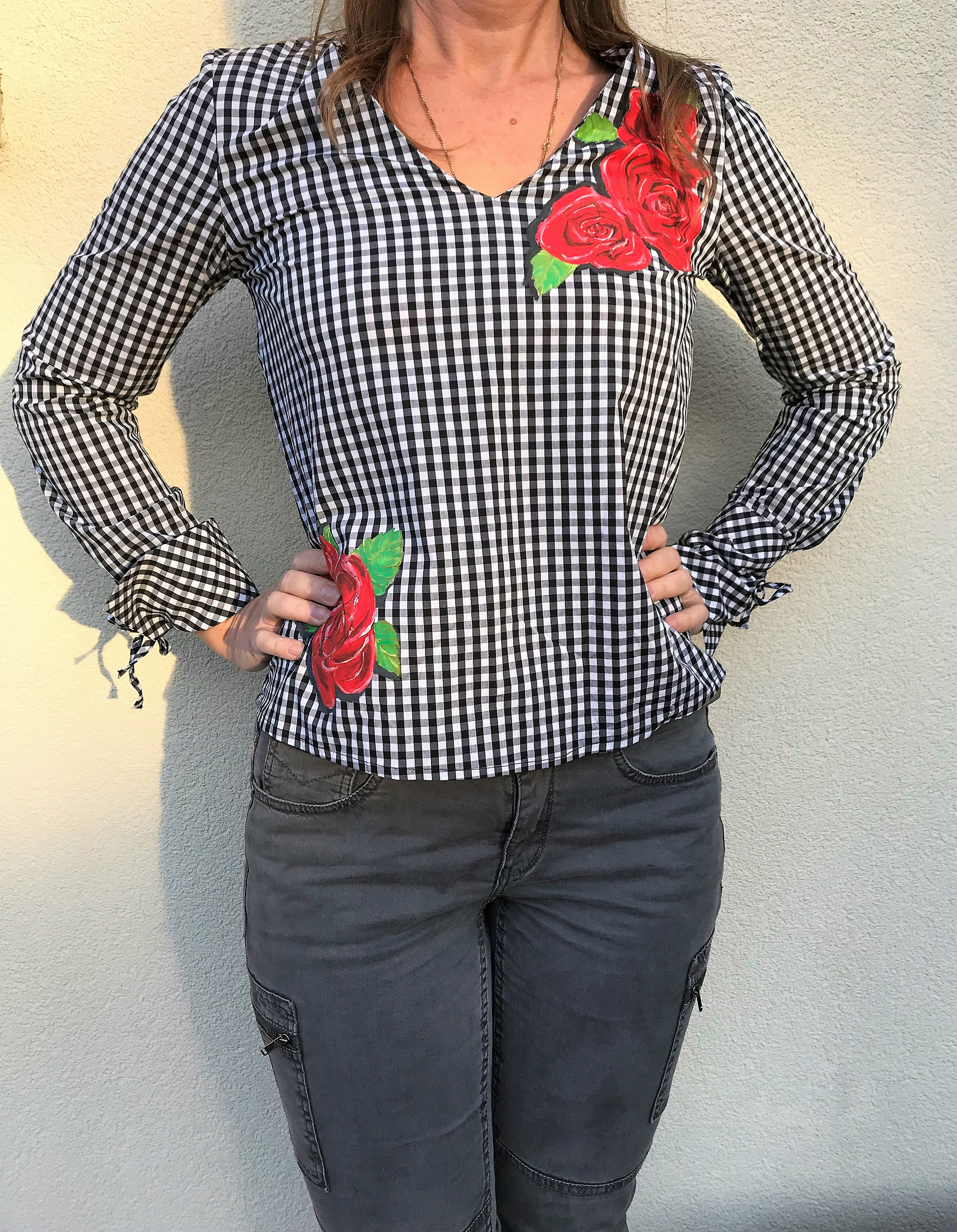 chemise femme pied-de-poule avec roses