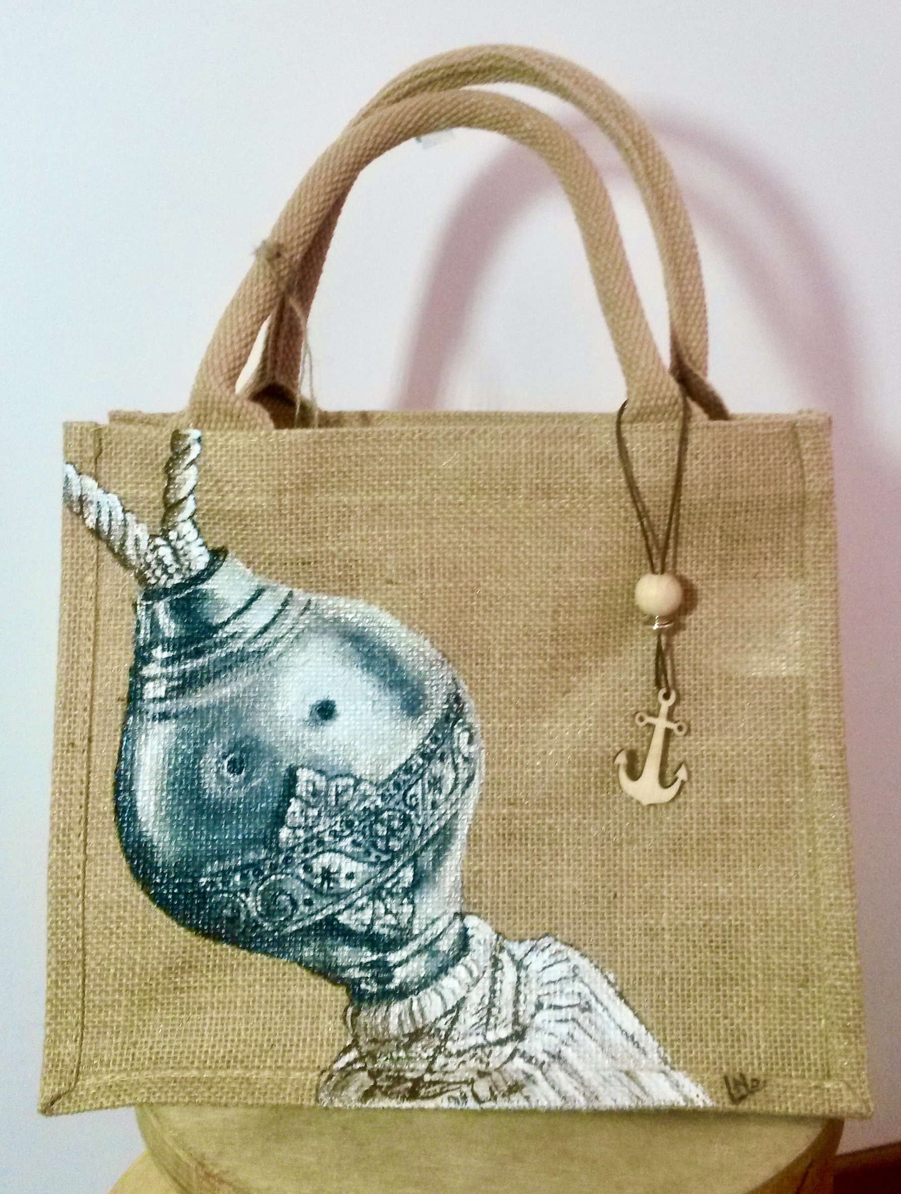 Motif original peint à la main par Elles et No. sur un sac en jute pour un Hôtel